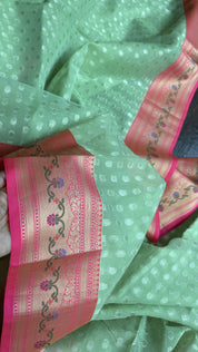 Kora Silk Banaras Chanderi - Pista  Green Paithani
