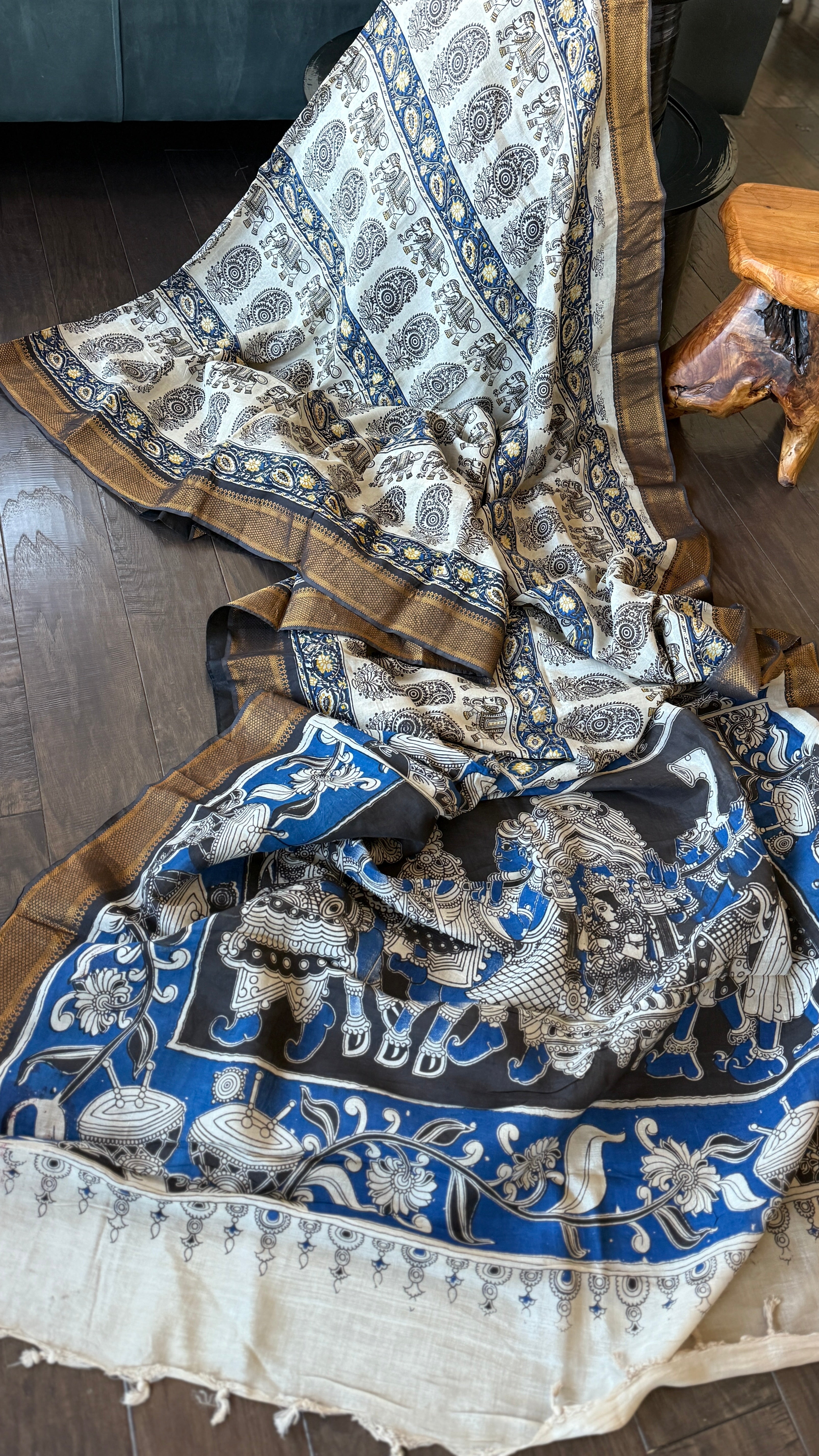 Chinori Silk Kalamkari  - Dusty White Blue