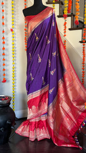 Pure Silk Katan Banarasi- Ourple Red Blue Kadhua