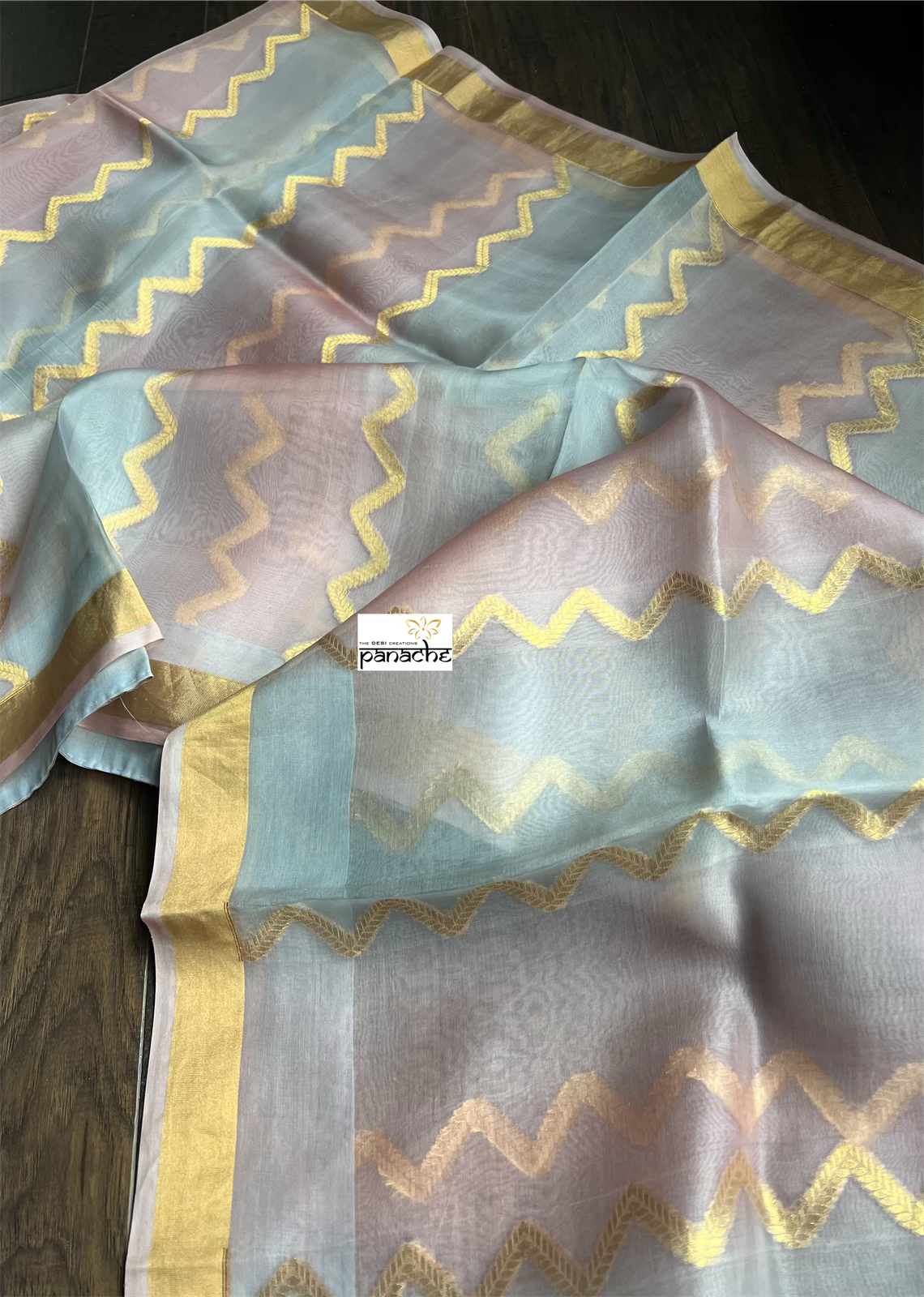 Organza Silk Banarsi - Aqua Blue Pink