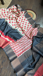 Pure Tussar Silk - Beige Red Black Polka