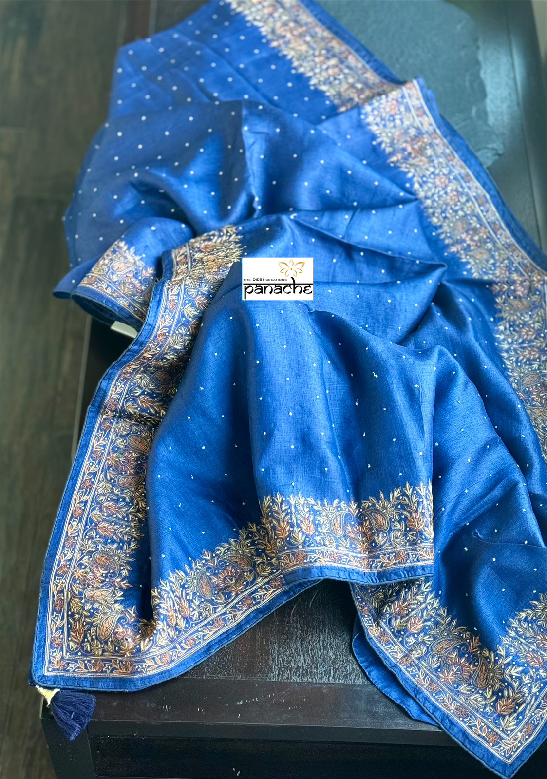 Designer Tussar Silk - Blue Sozni Hand Embroidered