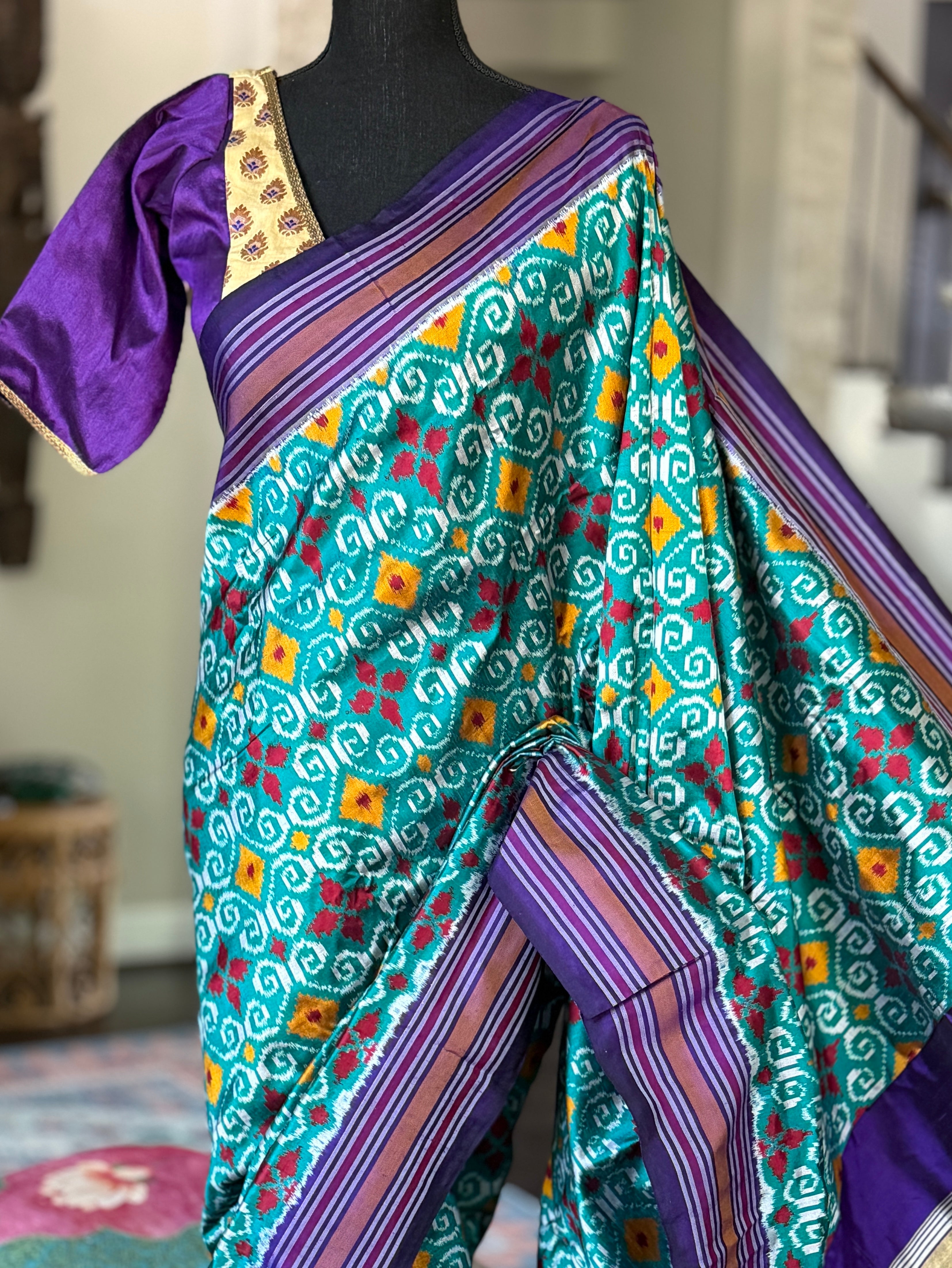 Pure Silk Ikat - Sea Green Purple Pochampally