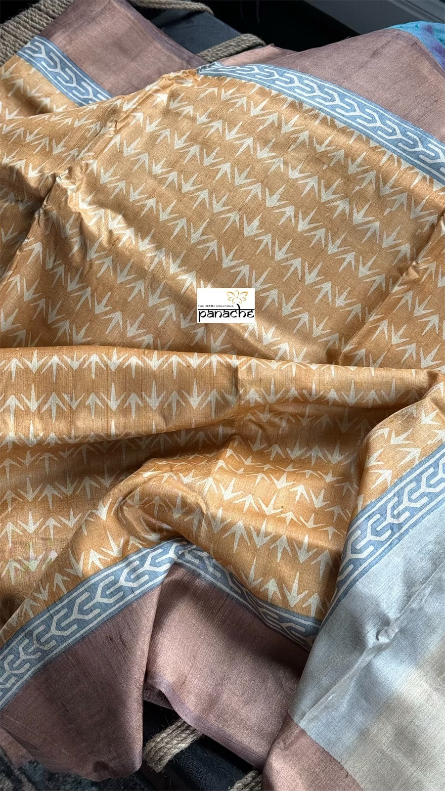 Pure Tussar Silk - Light Rust Brown Hand Block Printed