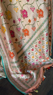 Khaddi Tussar Banarasi -  Peach Sea Green Meenakari