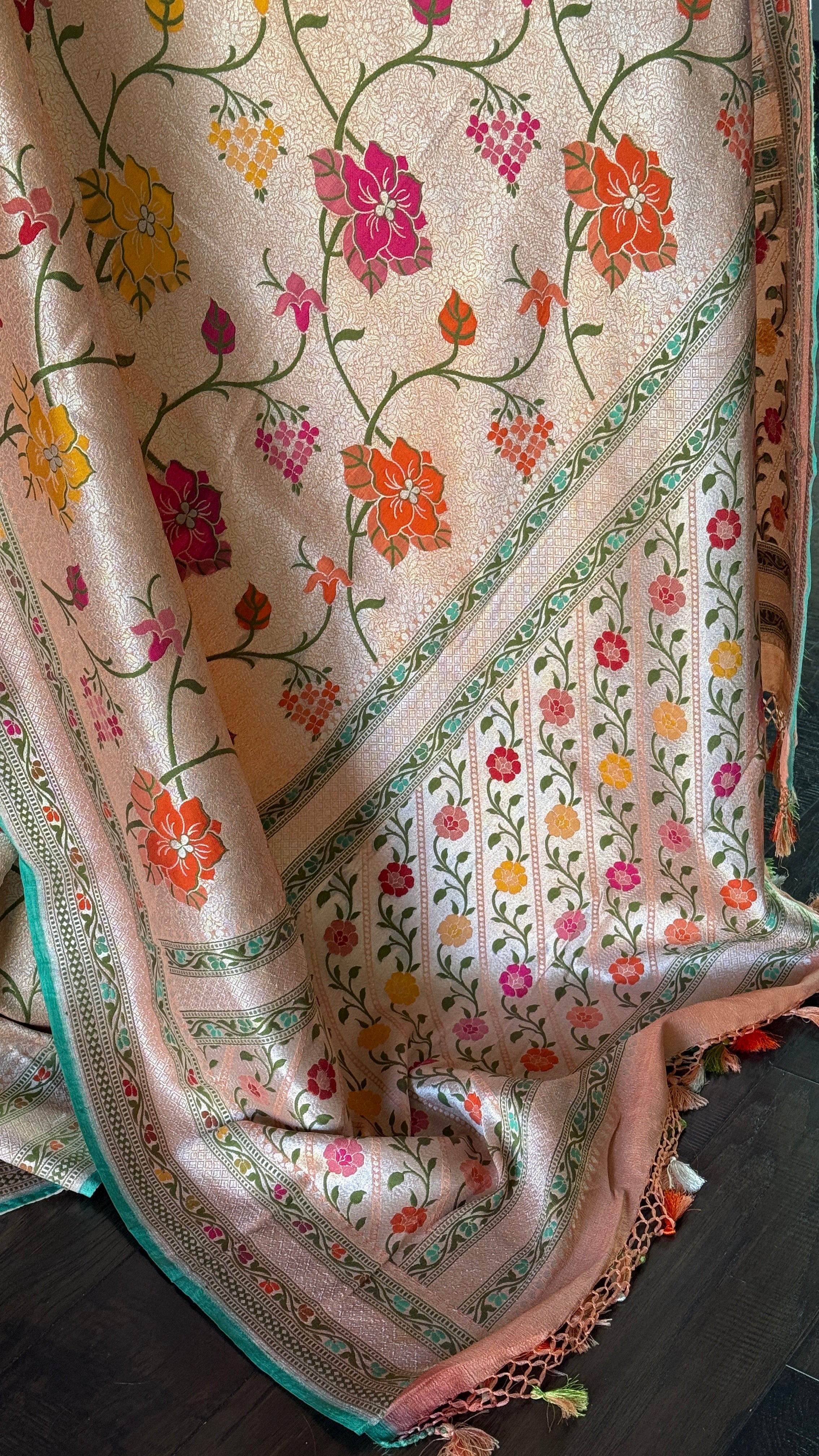 Khaddi Tussar Banarasi -  Peach Sea Green Meenakari