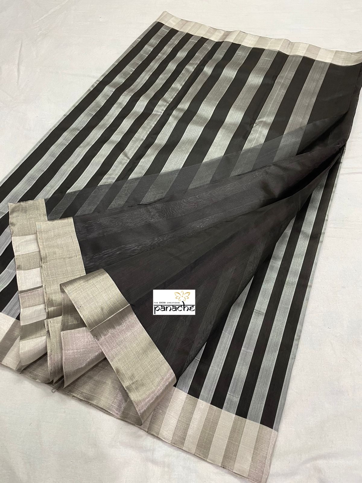 Pure Chanderi Pattu Silk - Black Silver Zari Striped woven