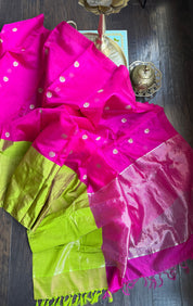 Pure Chanderi Pattu Silk mushru - Pink Lime Green