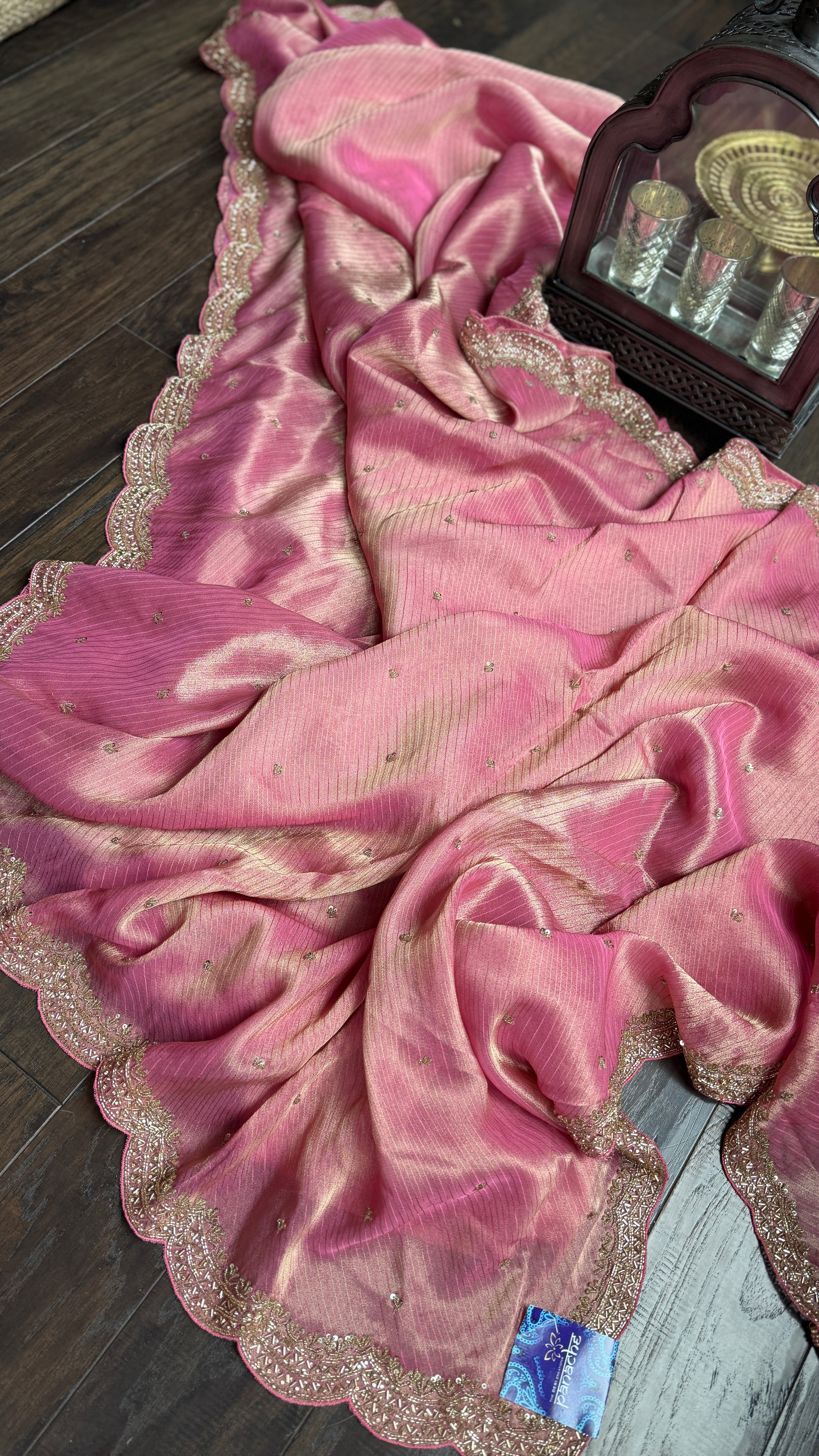 Designer Georgette Organza - Pink Dual Shaded Scalloped Border