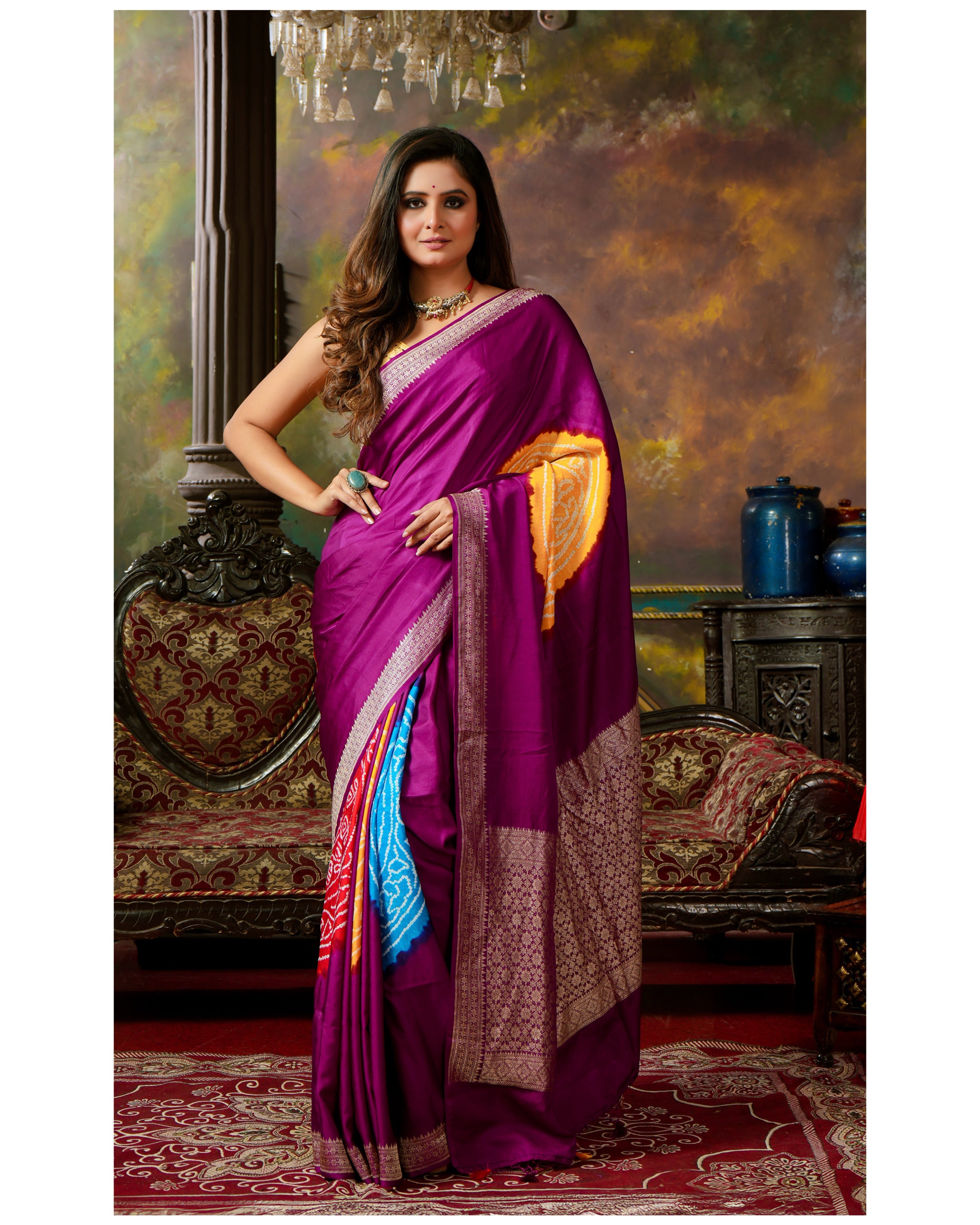 Pure Silk Mashru Bandhej Banarasi- Purple Multi color