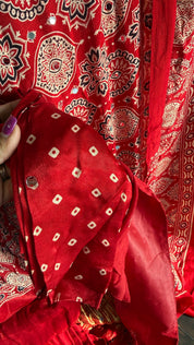 Gaji Silk Ajrakh - Red Mirror Work
