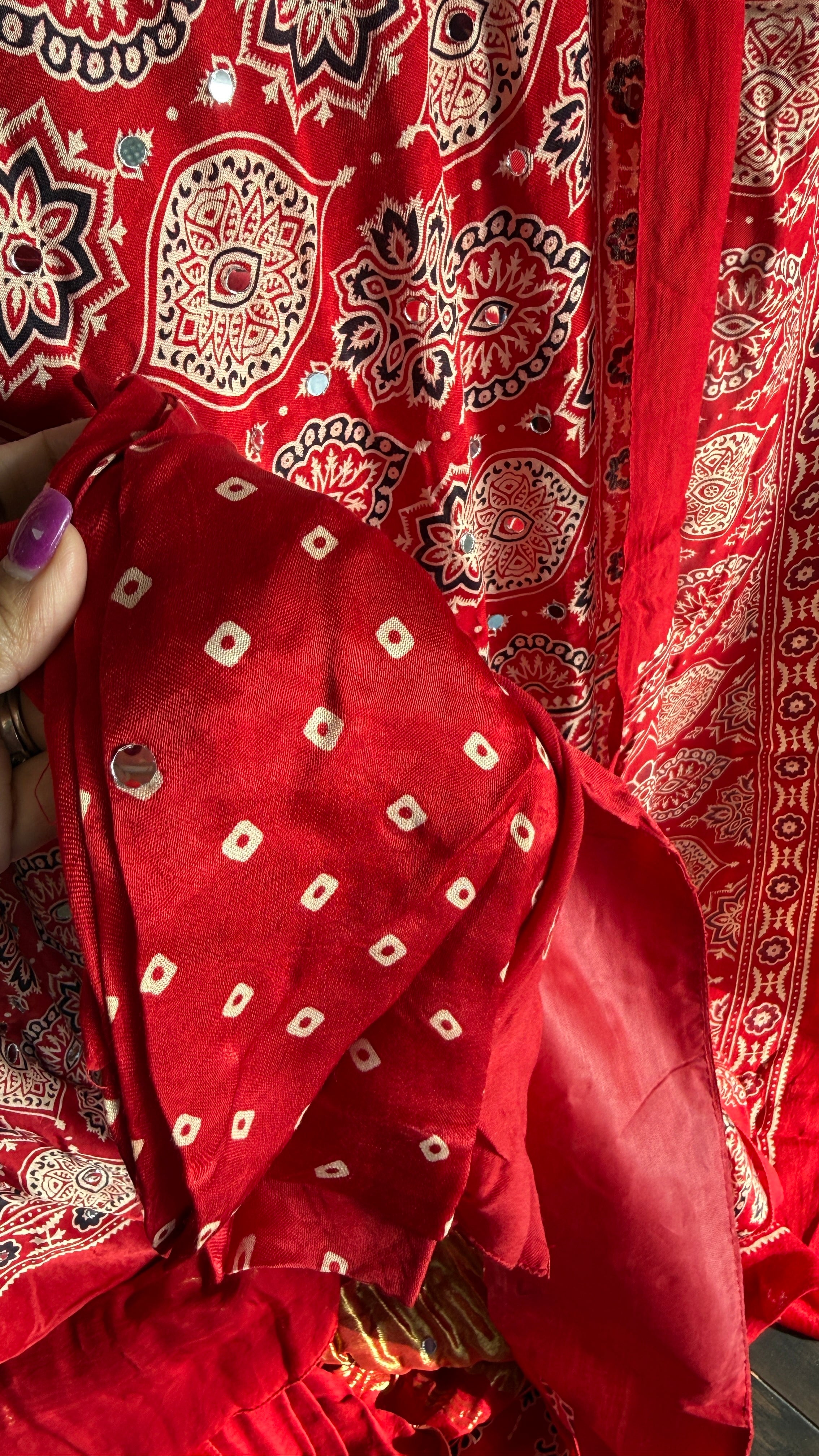 Gaji Silk Ajrakh - Red Mirror Work