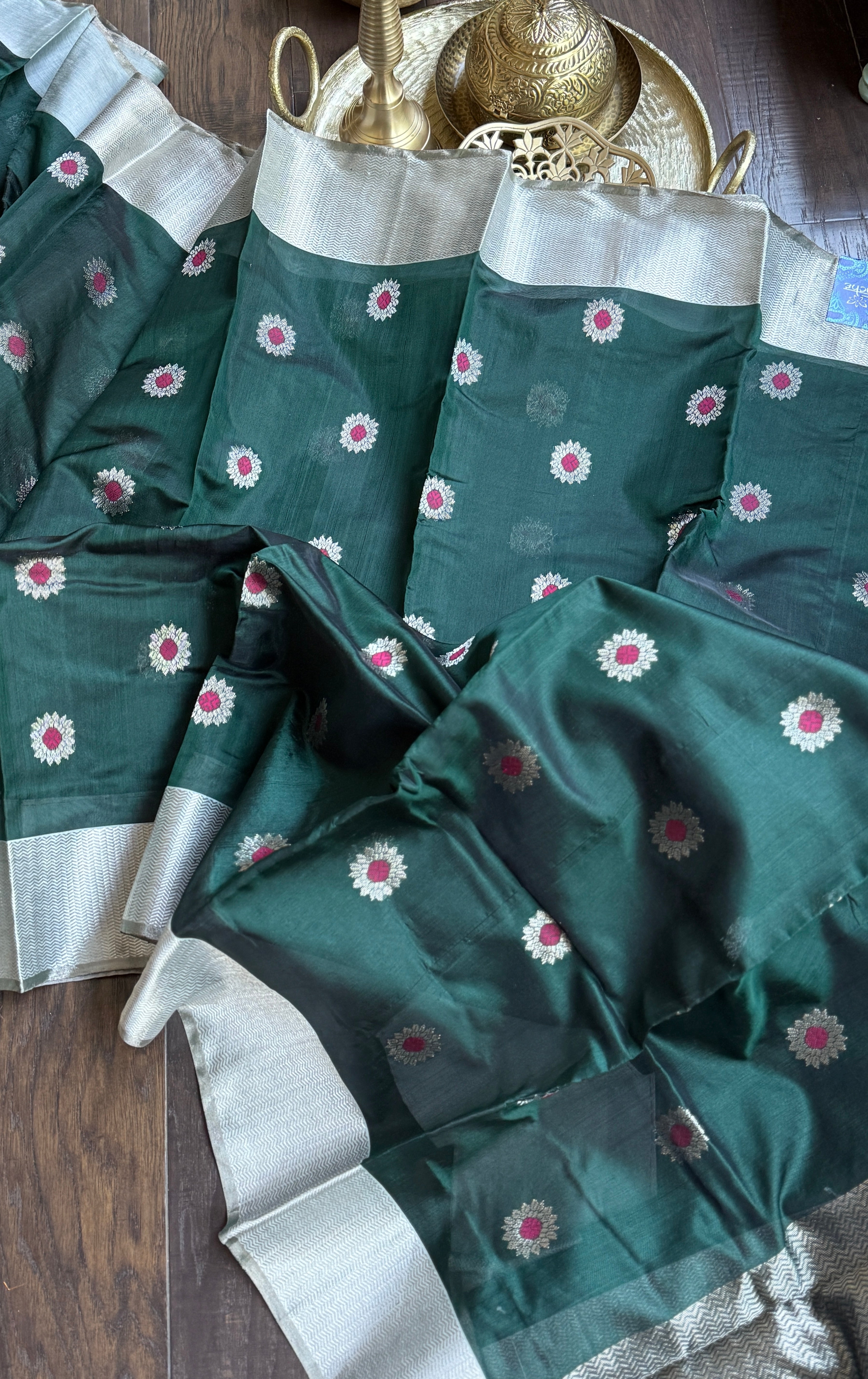Pure Chanderi Pattu Silk - Dark Teal Green Meenakari