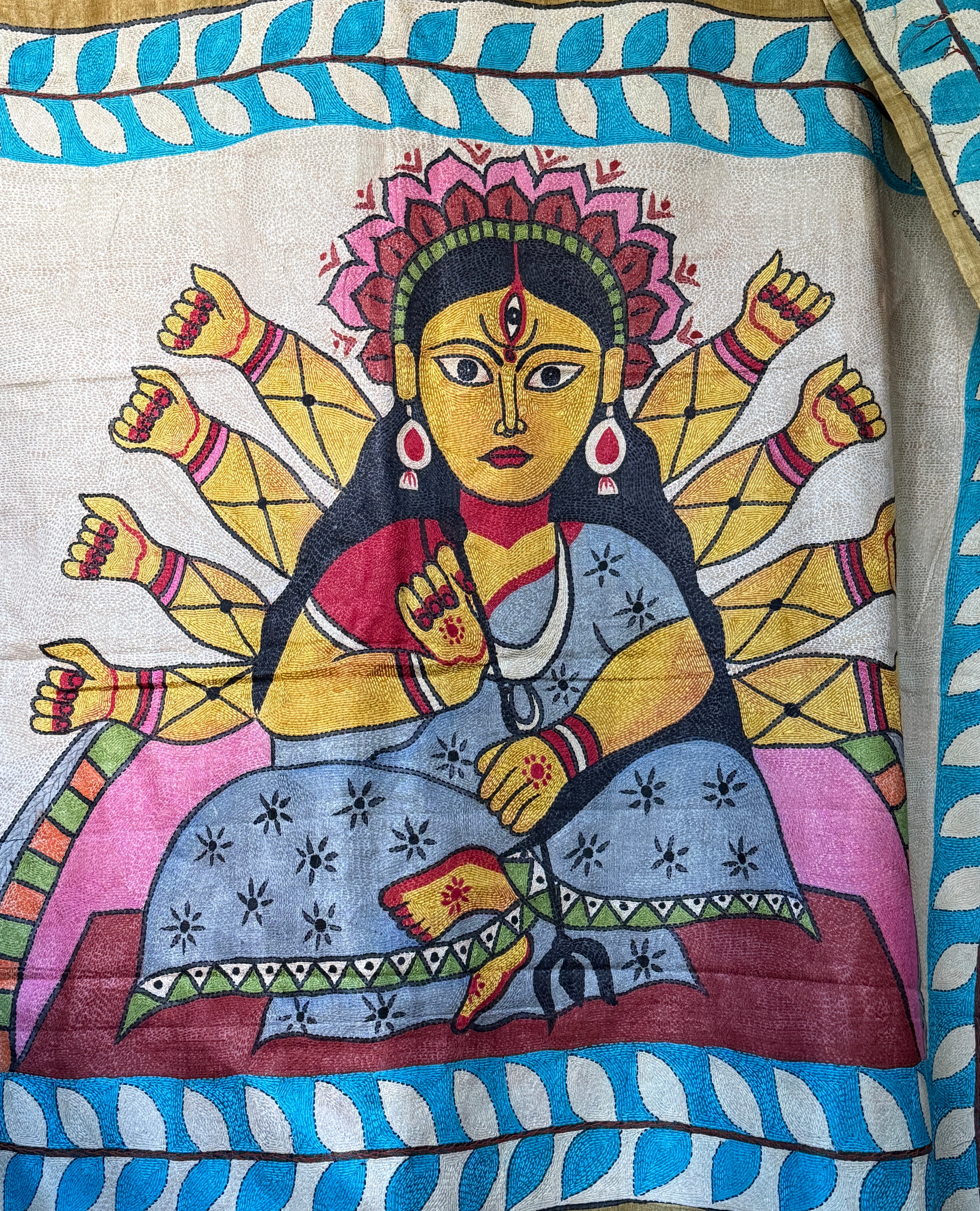 Pure Tussar Silk Sujni Kantha Stitch -  Moss Brown Ma Durga