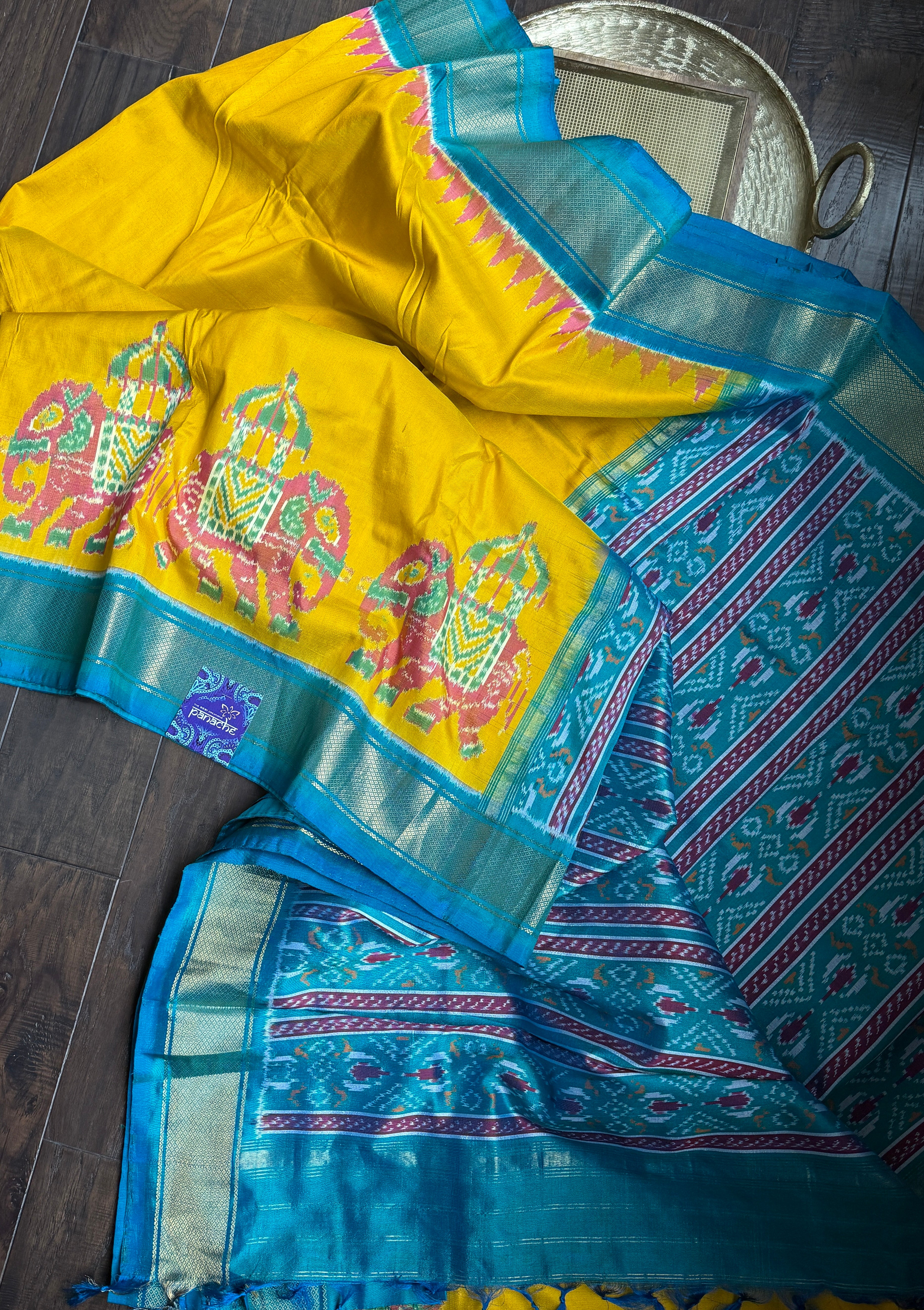 Pure Silk Ikat - Yellow Firozi Pochampally
