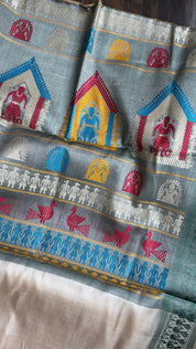 Pure Tussar Silk - Tan Beige Green Dolabedi
