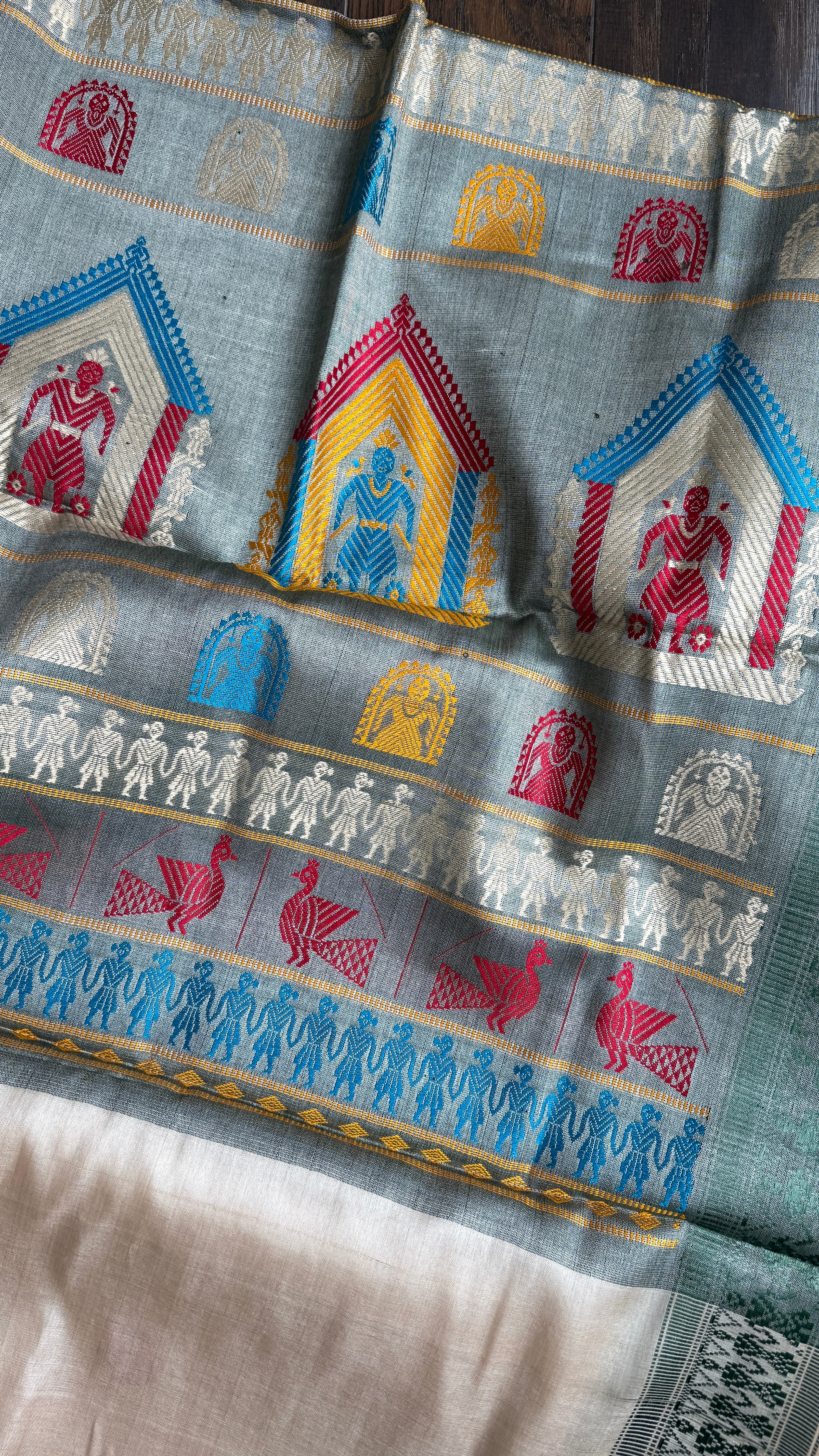 Pure Tussar Silk - Tan Beige Green Dolabedi