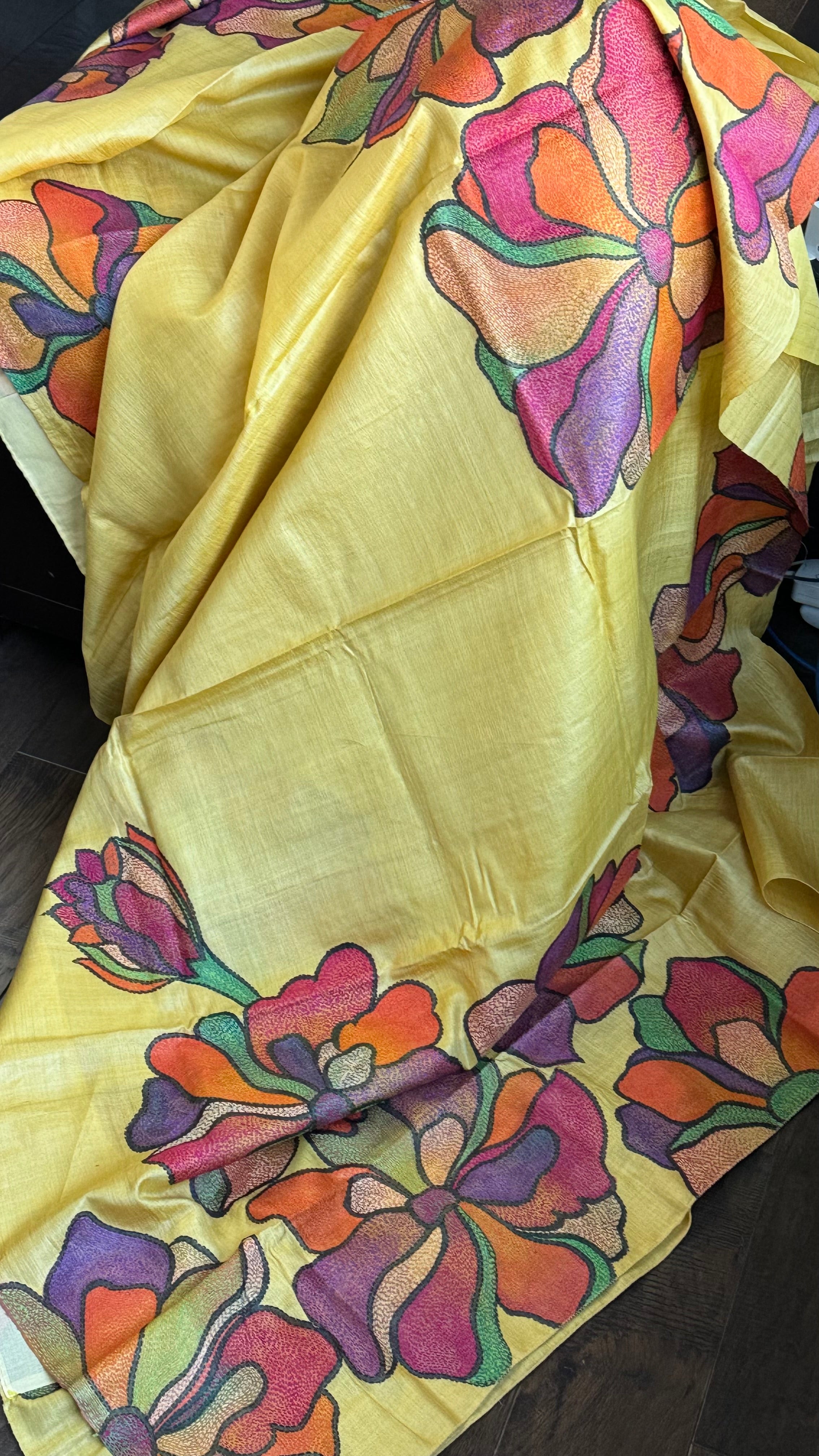 Pure Tussar Silk Kantha Stitch - Yellow