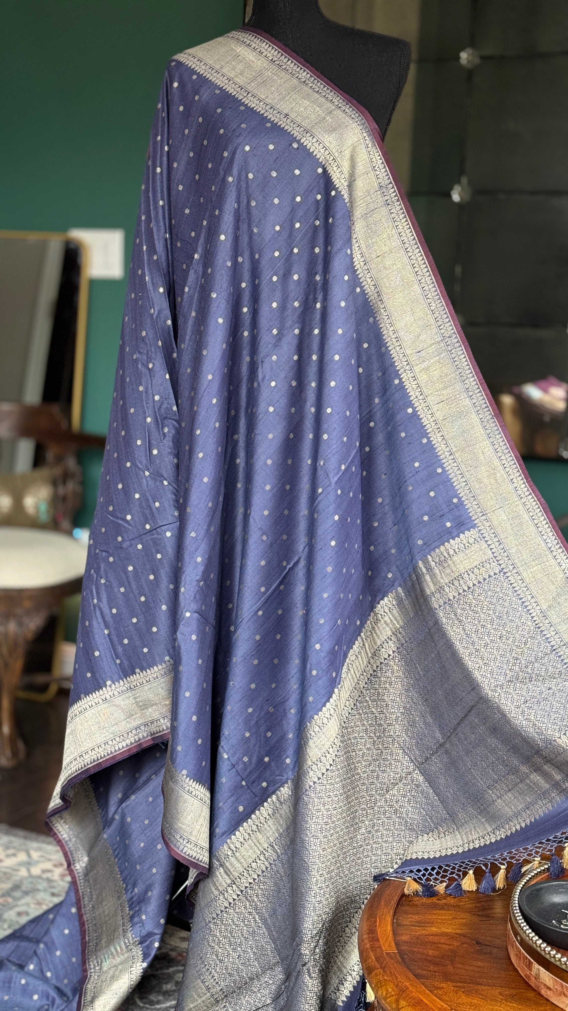 Tussar Silk Banarasi - Grey Blue Antique Zari