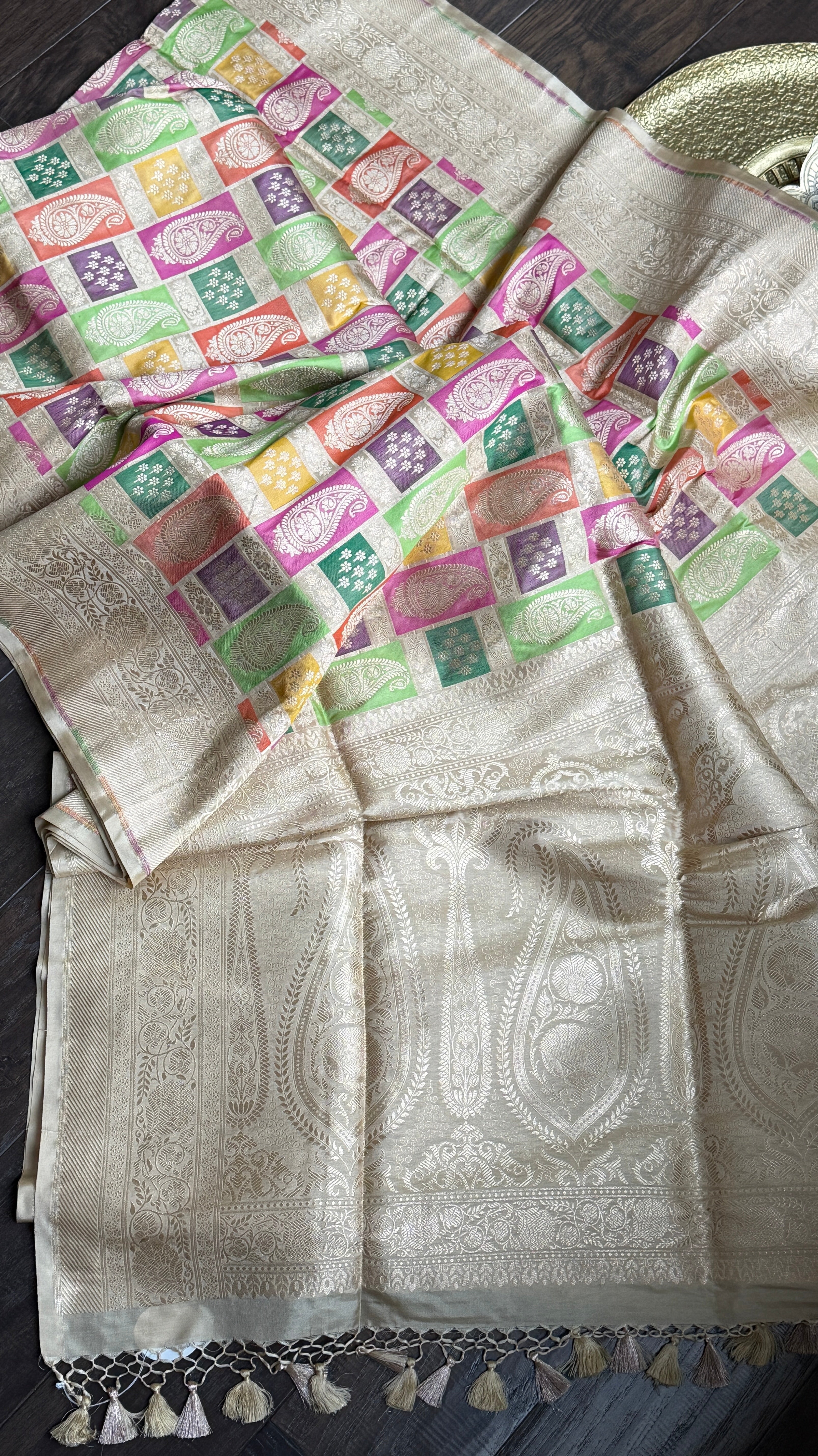 Pure Silk Rangkat Banarasi - Light Cream Beige Brown Multi shaded
