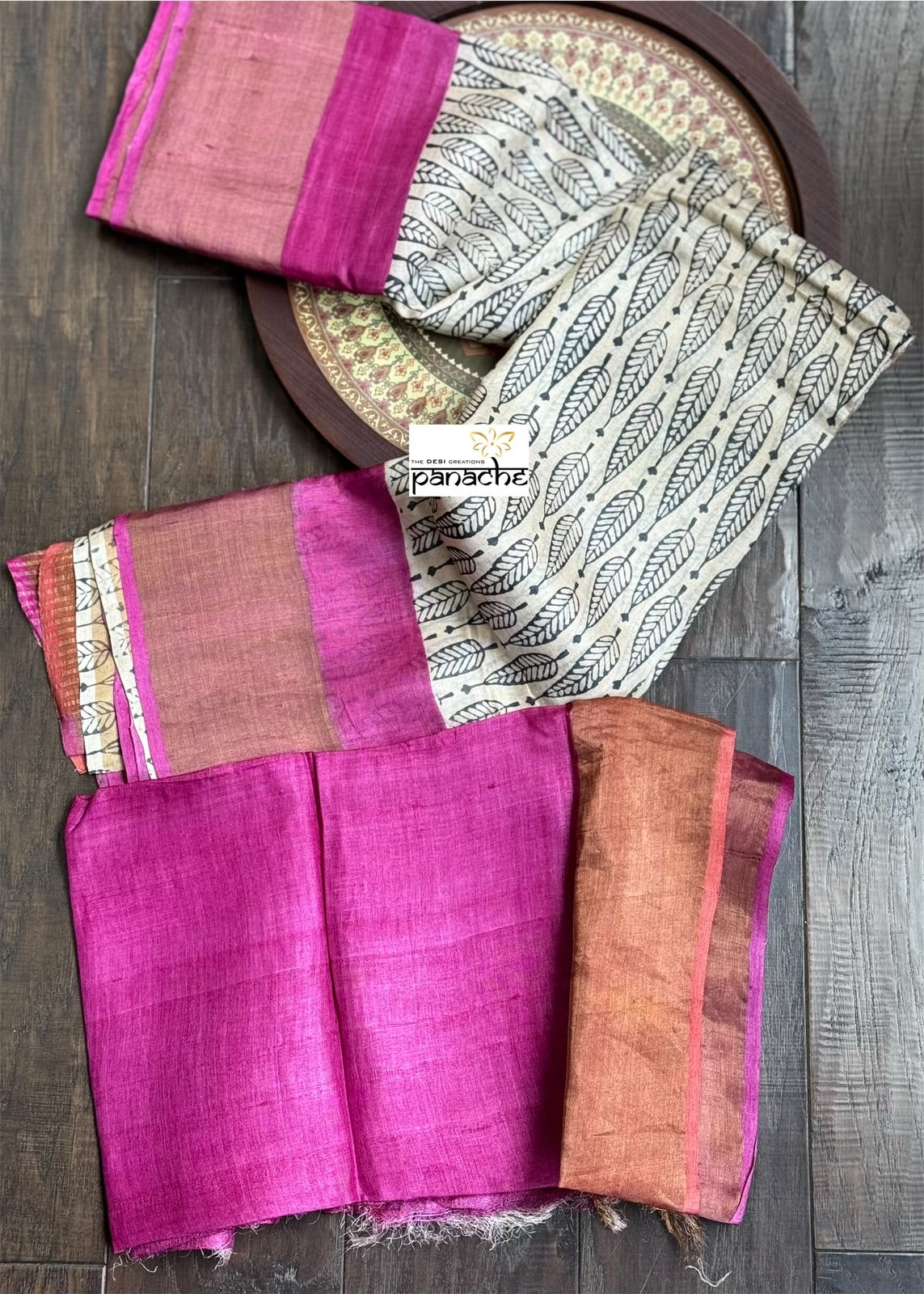 Pure Tussar Silk - Beige Black Pink Hand-Block Printed