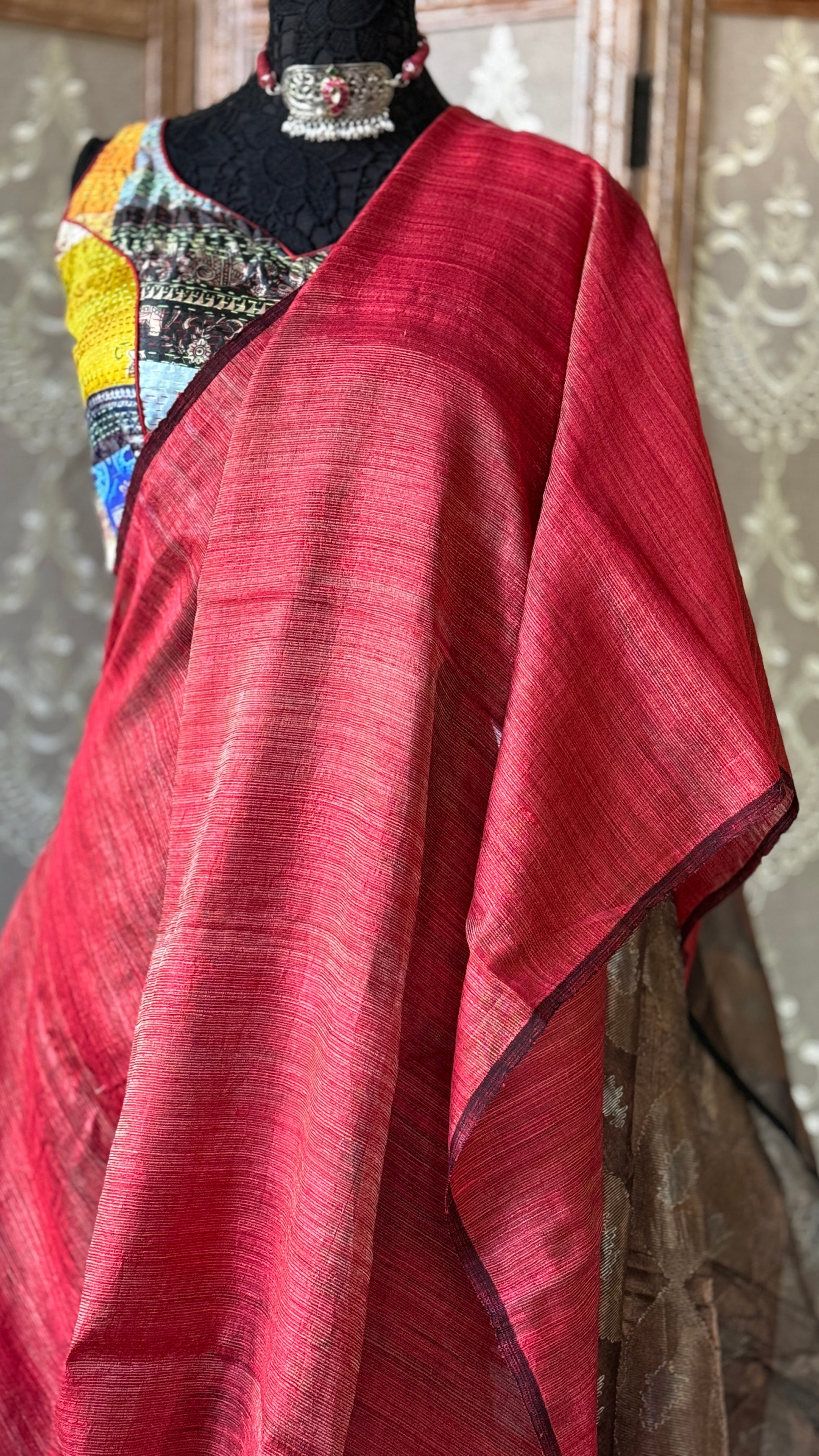 Pure Matka Silk - Red Muslin Jamdaani Palla