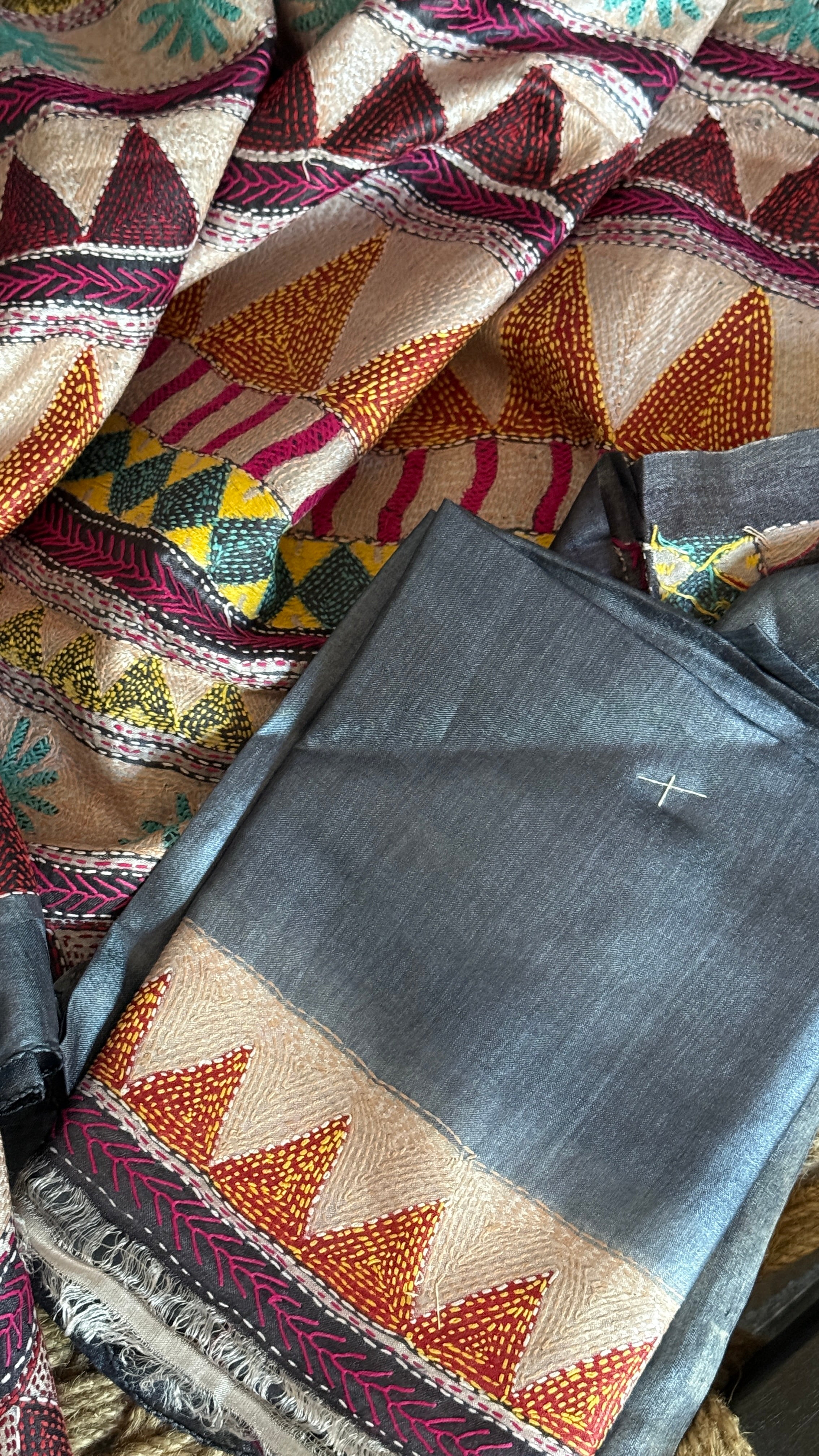 Pure Tussar Silk Kantha Stitch -  Grey Multi Color