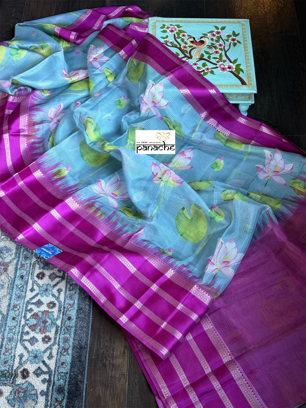 Floral Kota Silk - Blue Grey Magenta Gadwal