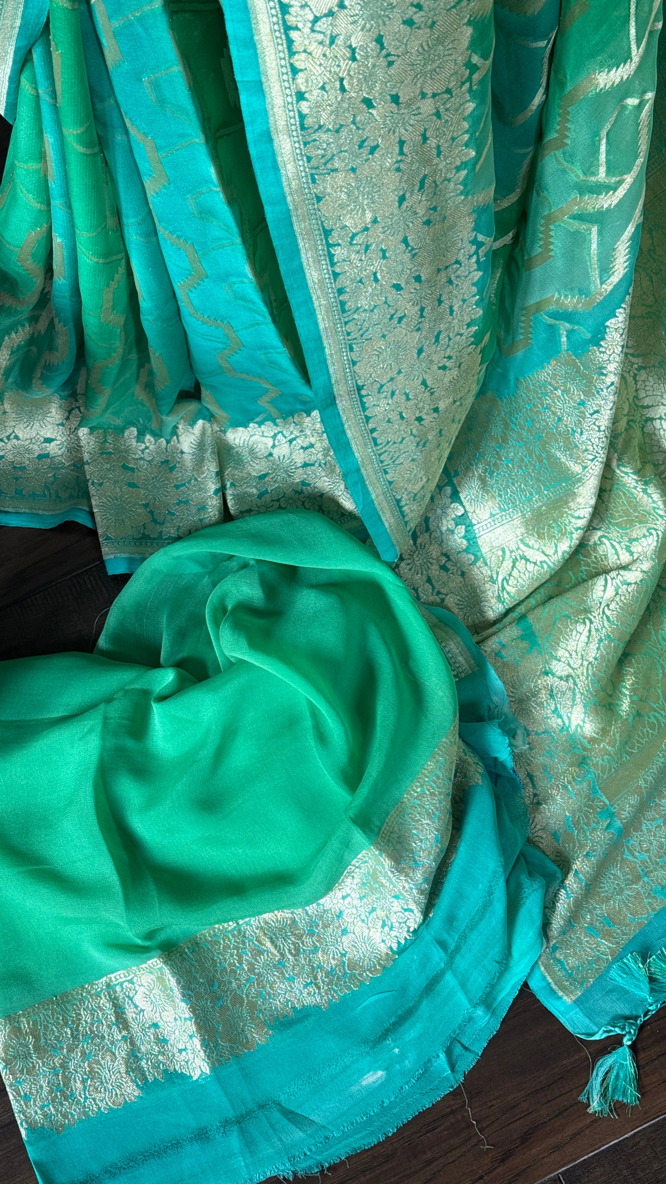 Khaddi Georgette Shaded Banarasi - Sea Green Mint