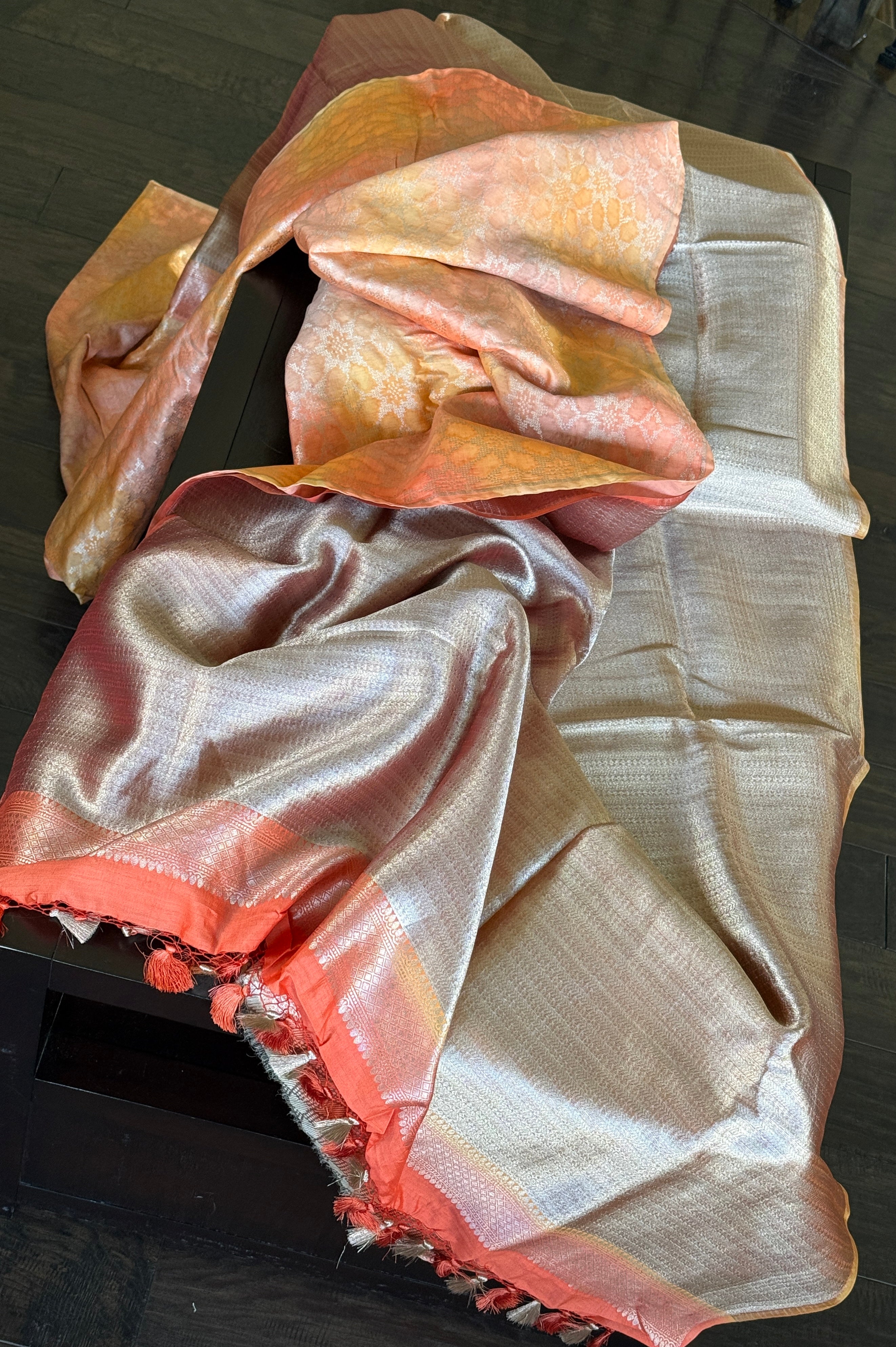 Designer Soft Silk Brocade Banarasi - Peach Pink Golden Tie-Dye