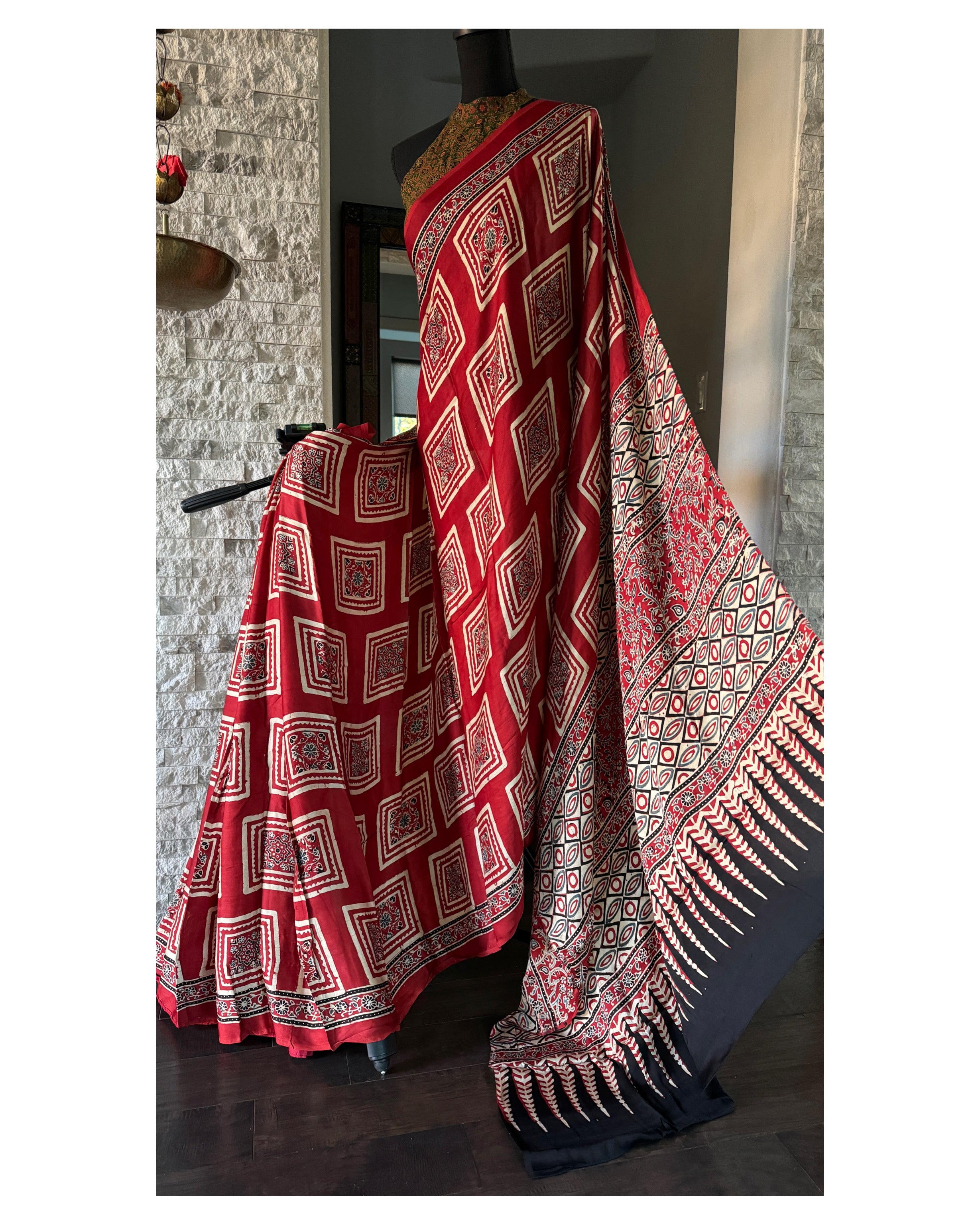 Modal Silk Ajrakh - Red Black Cream