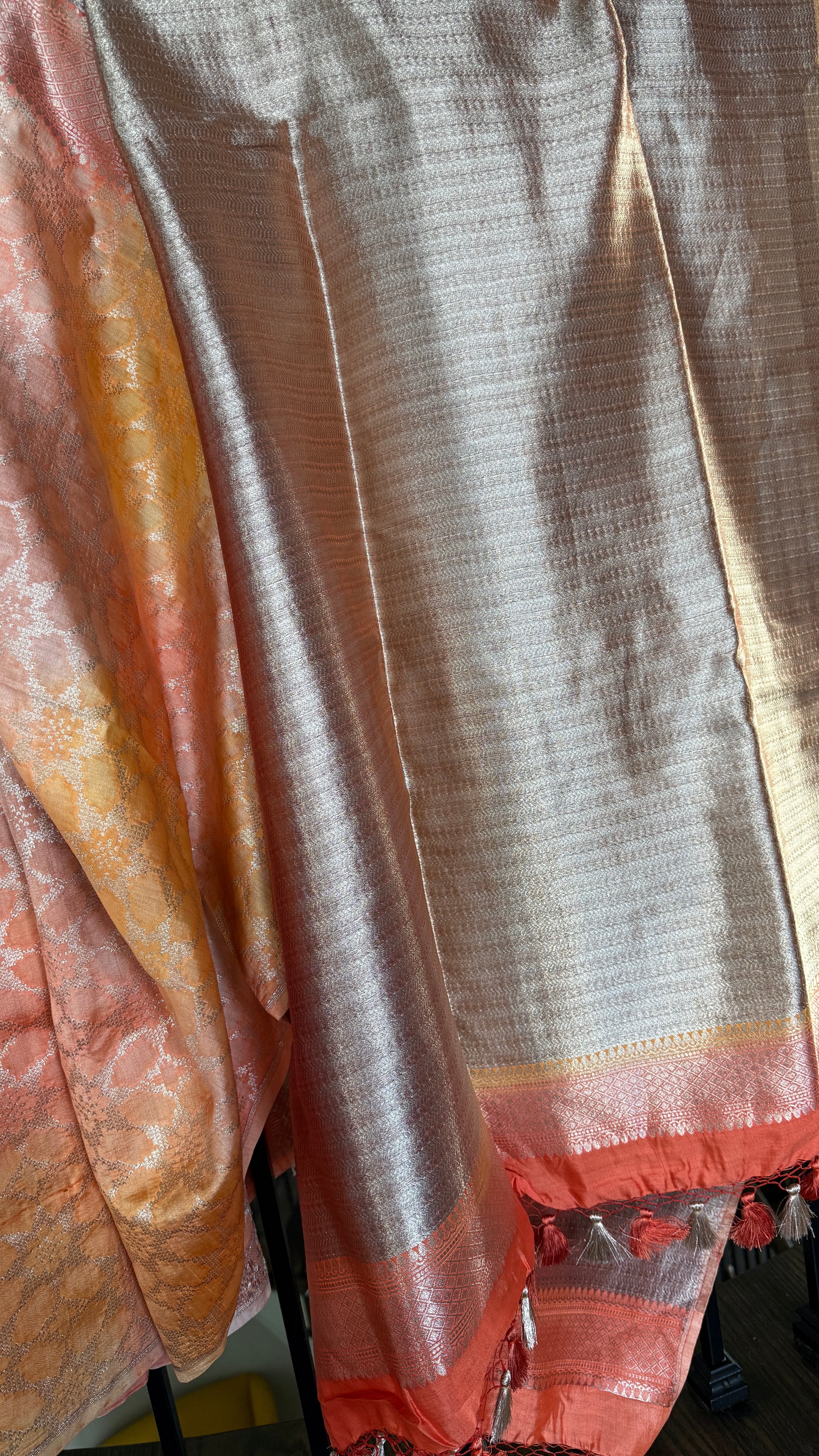 Designer Soft Silk Brocade Banarasi - Peach Pink Golden Tie-Dye
