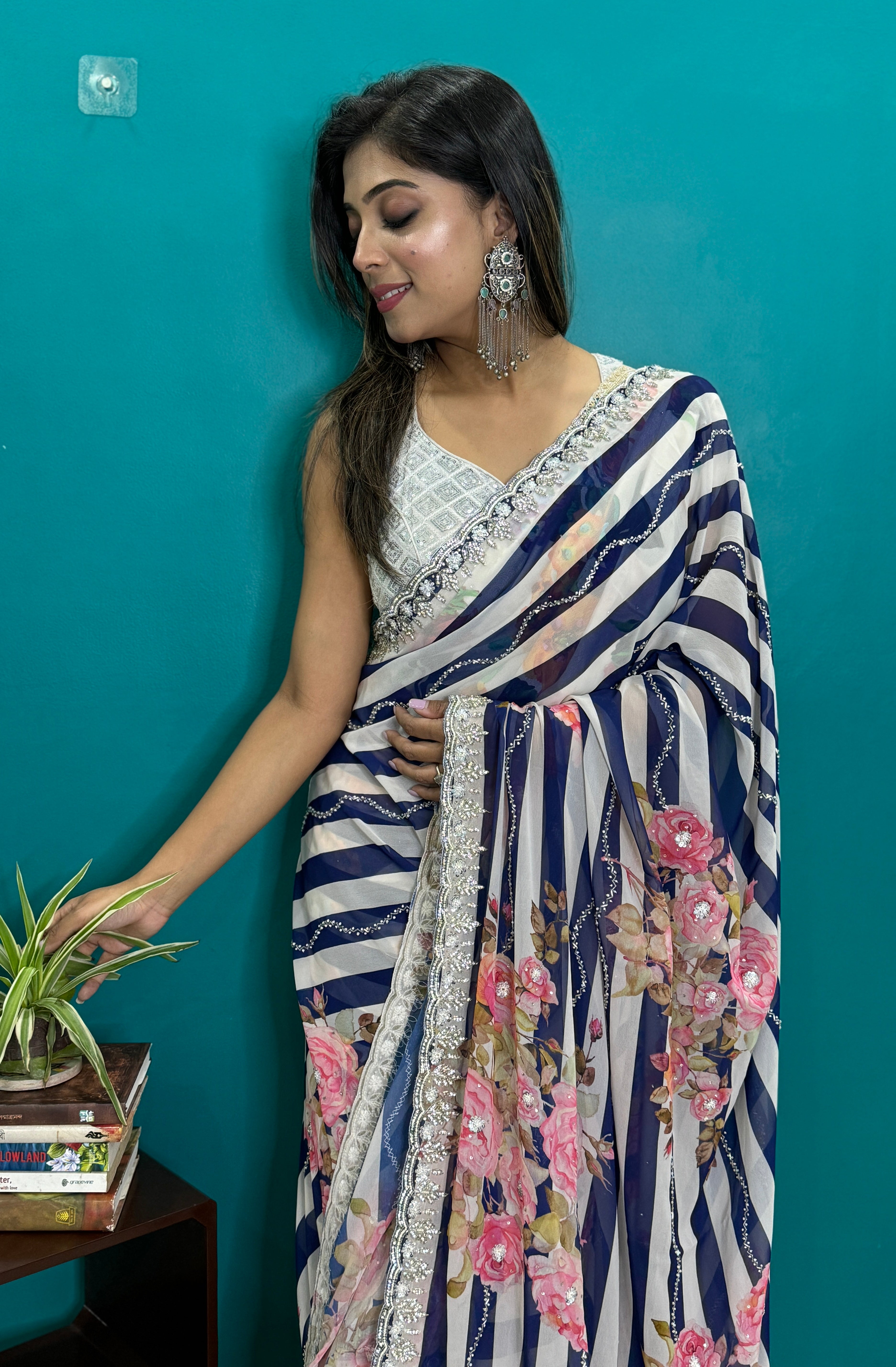 Designer Georgette Floral - Blue and white Hand Embroidered