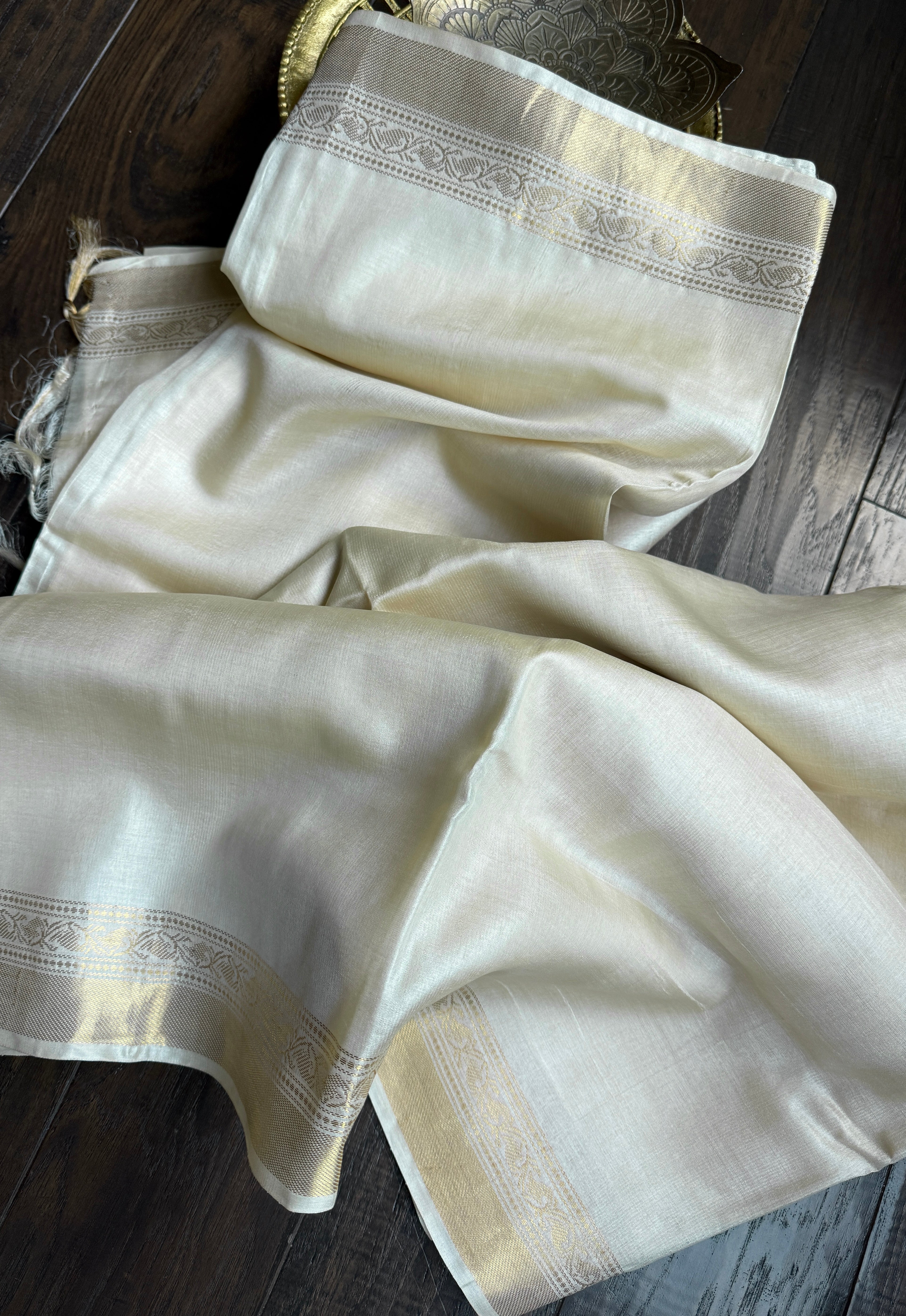 Pure Tussar Silk - Cream Beige Golden Zari Woven2