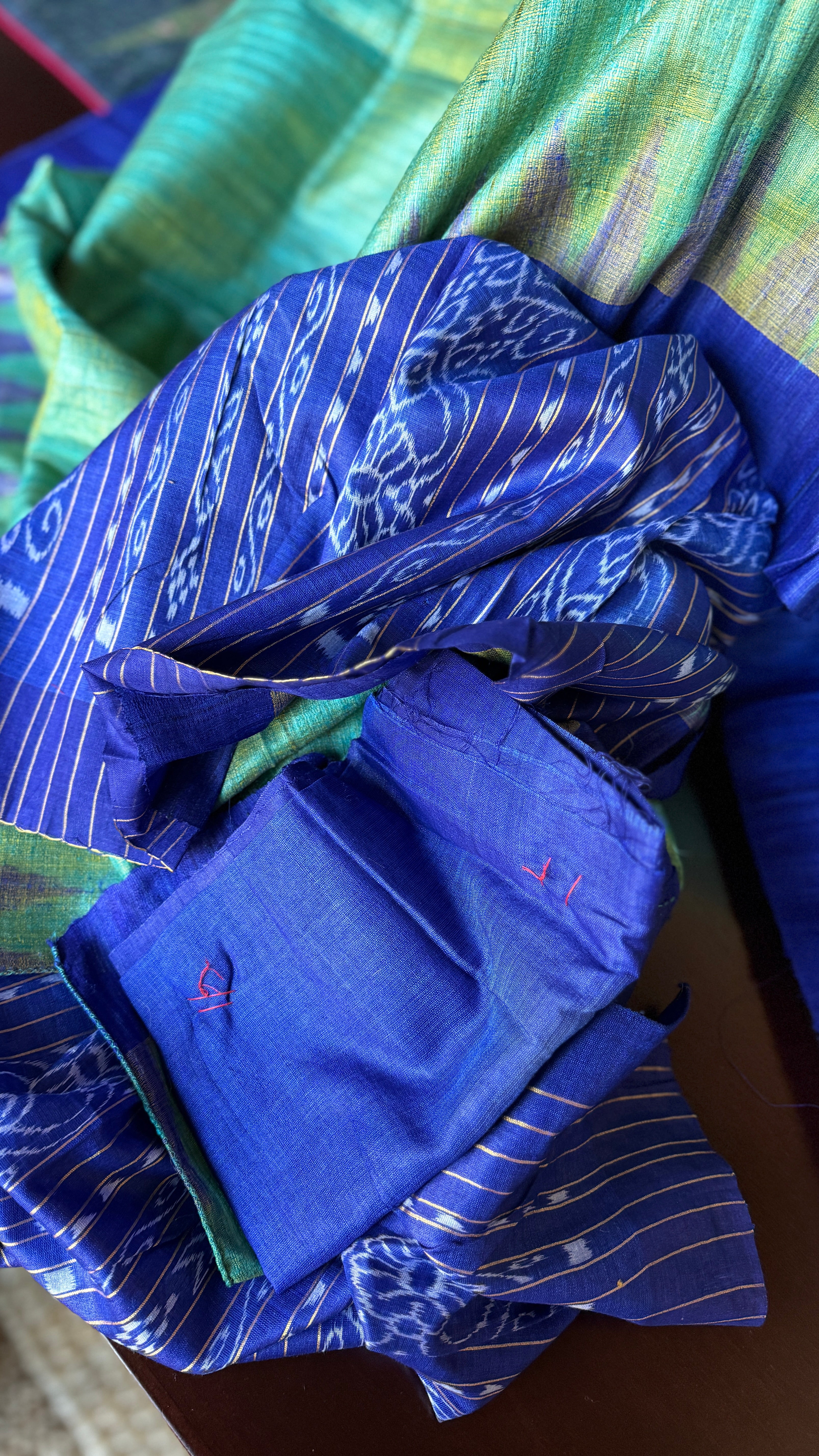 Gopalpur Tussar Silk Ikat - Sea green Royal Blue