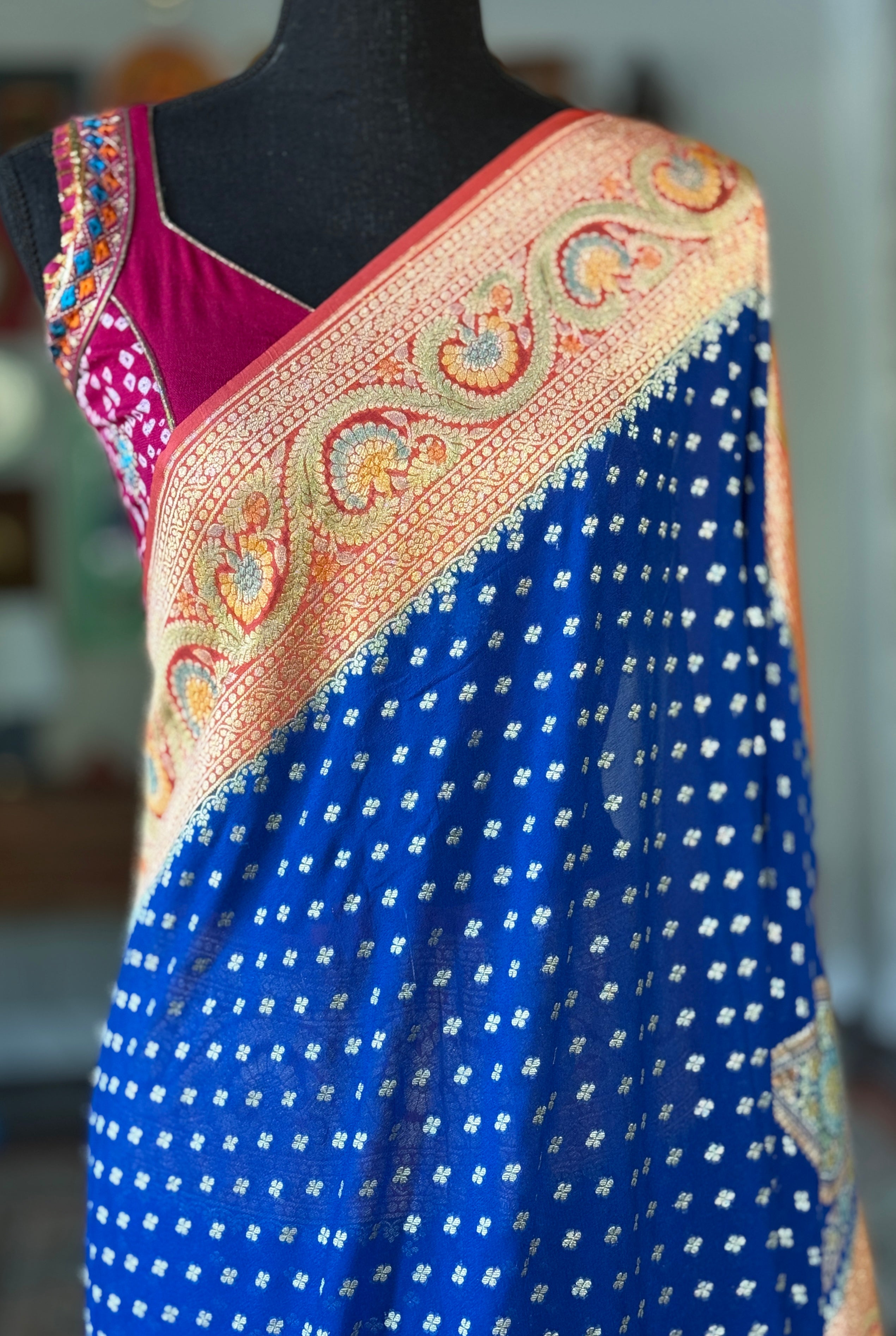 Khaddi Georgette Banarasi - Blue Peach Orange Hand Brush Painted