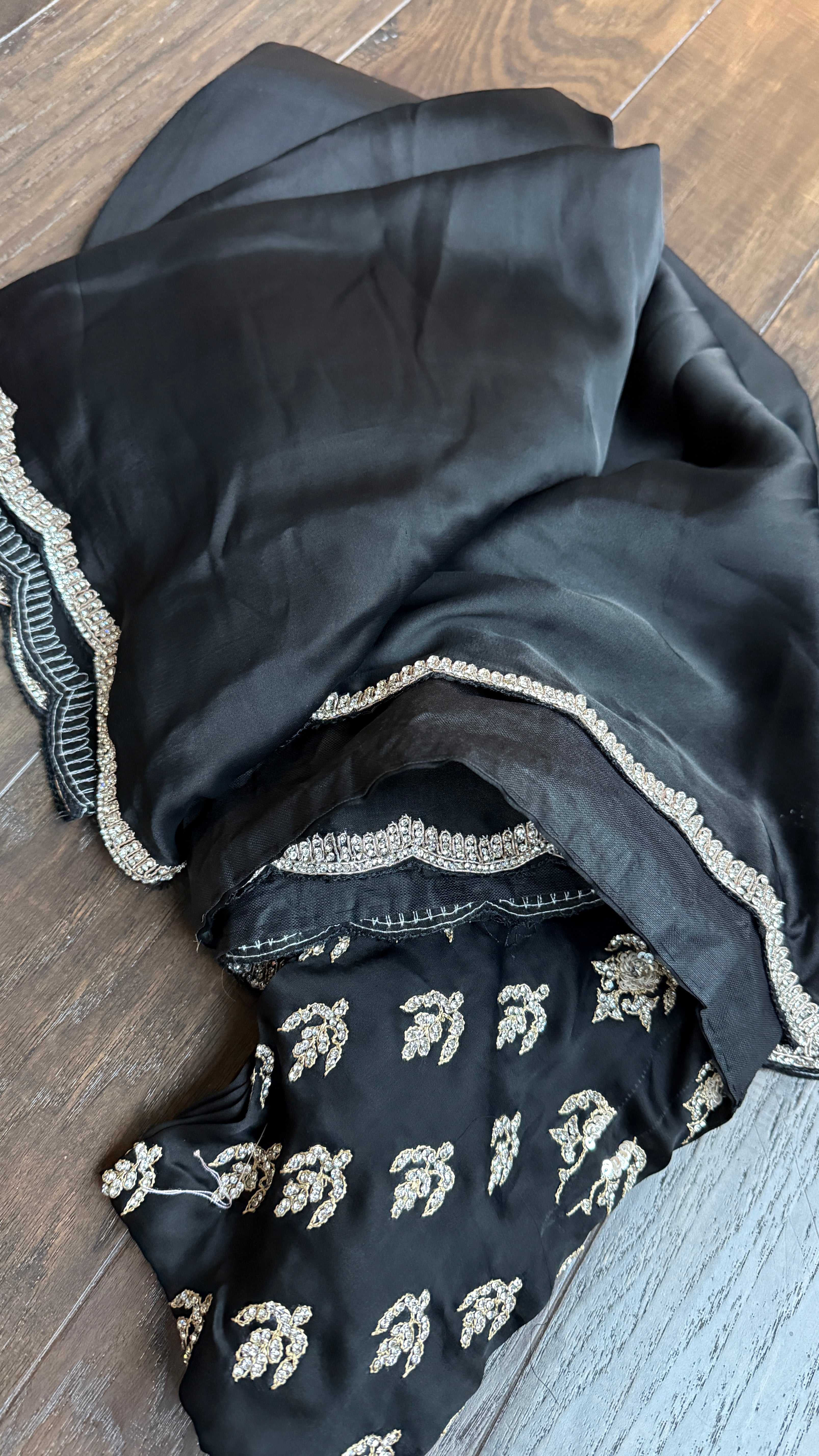 Designer Satin Silk - Black Stone Border