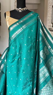Pure Silk Gadwal - Teal Green Silver Zari