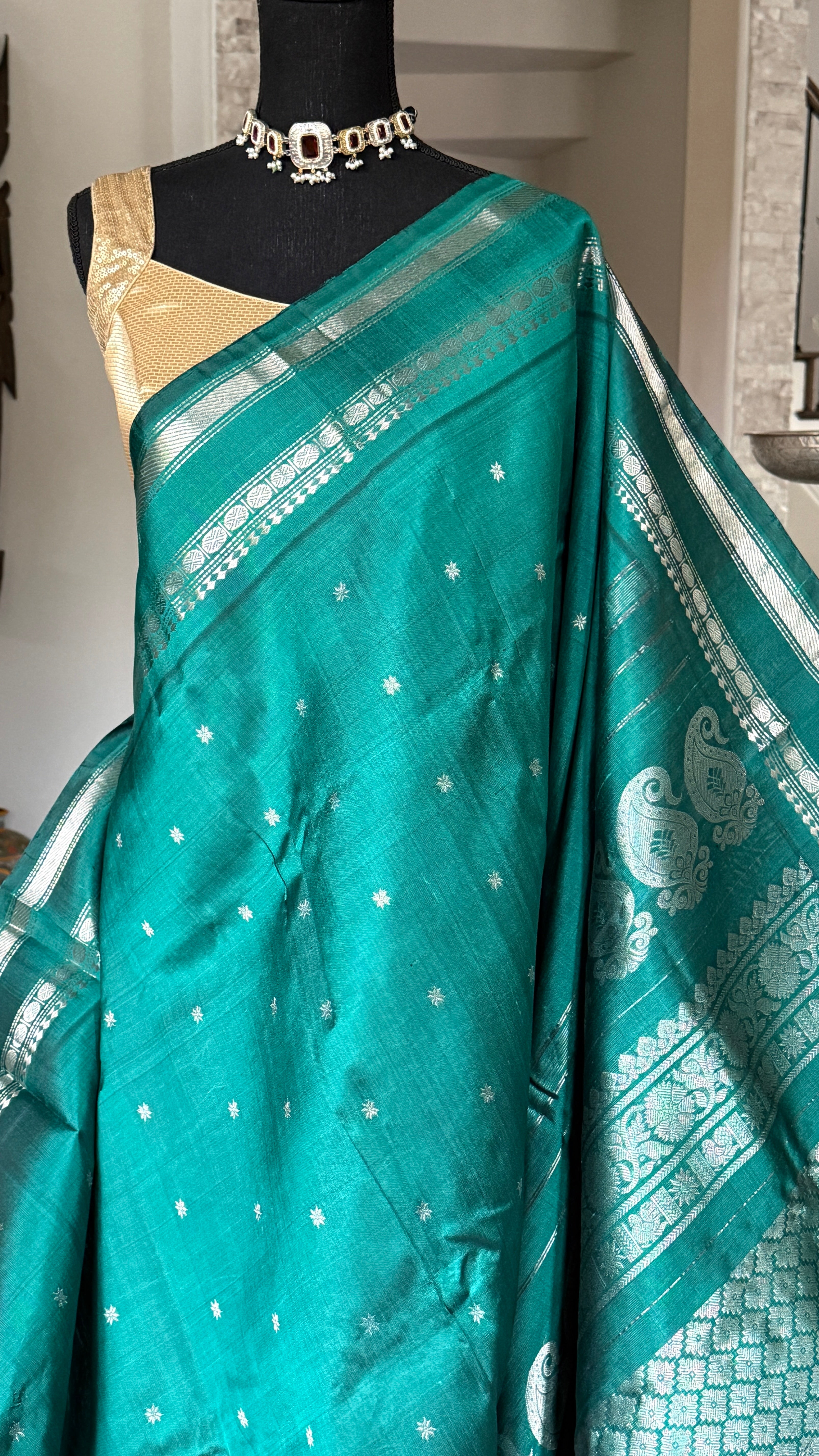 Pure Silk Gadwal - Teal Green Silver Zari
