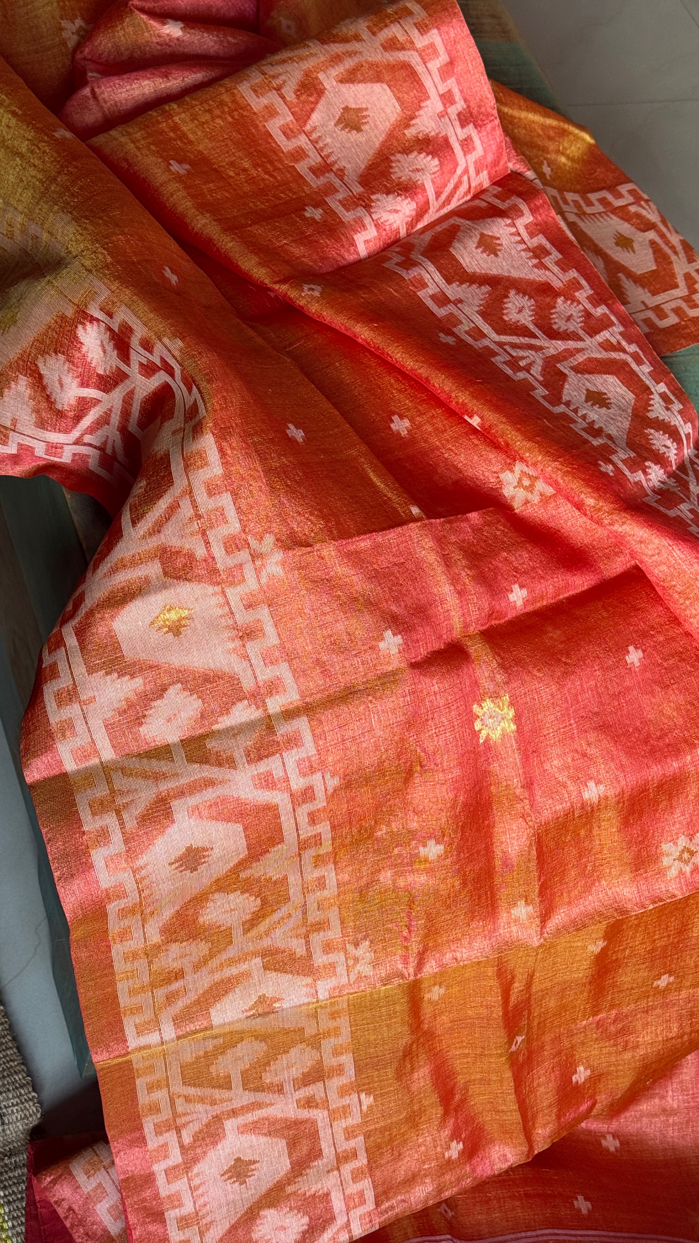 Pure Tussar Silk Jamdaani - Orange Pink Dual Shaded