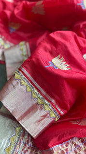 Hand Zardozi Pure Chanderi Pattu Silk - Red Eknaliya Woven