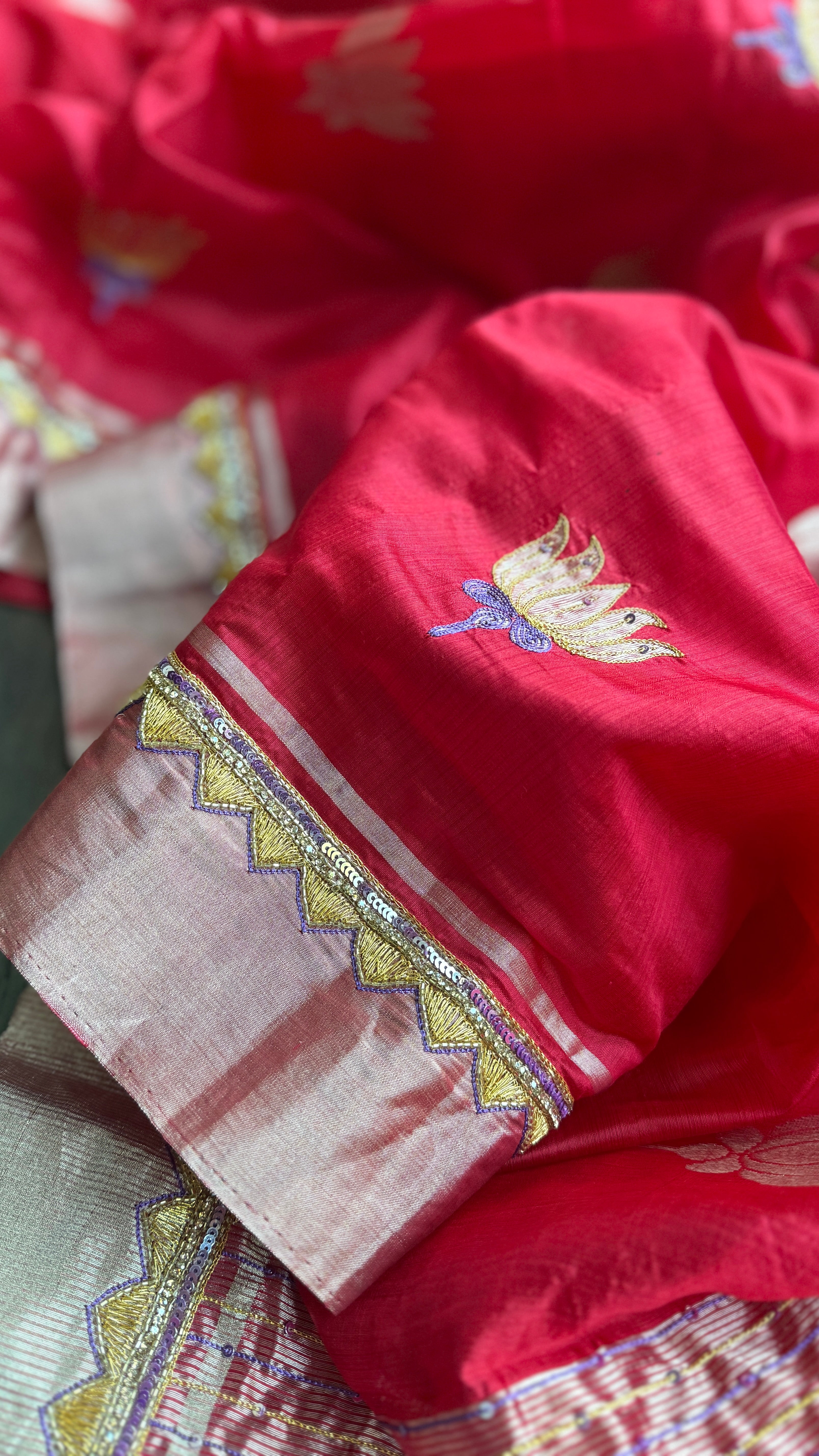 Hand Zardozi Pure Chanderi Pattu Silk - Red Eknaliya Woven