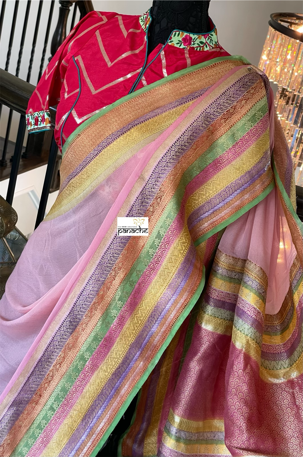 Khaddi Georgette Banarasi - Pink Multi color Hand Brushed