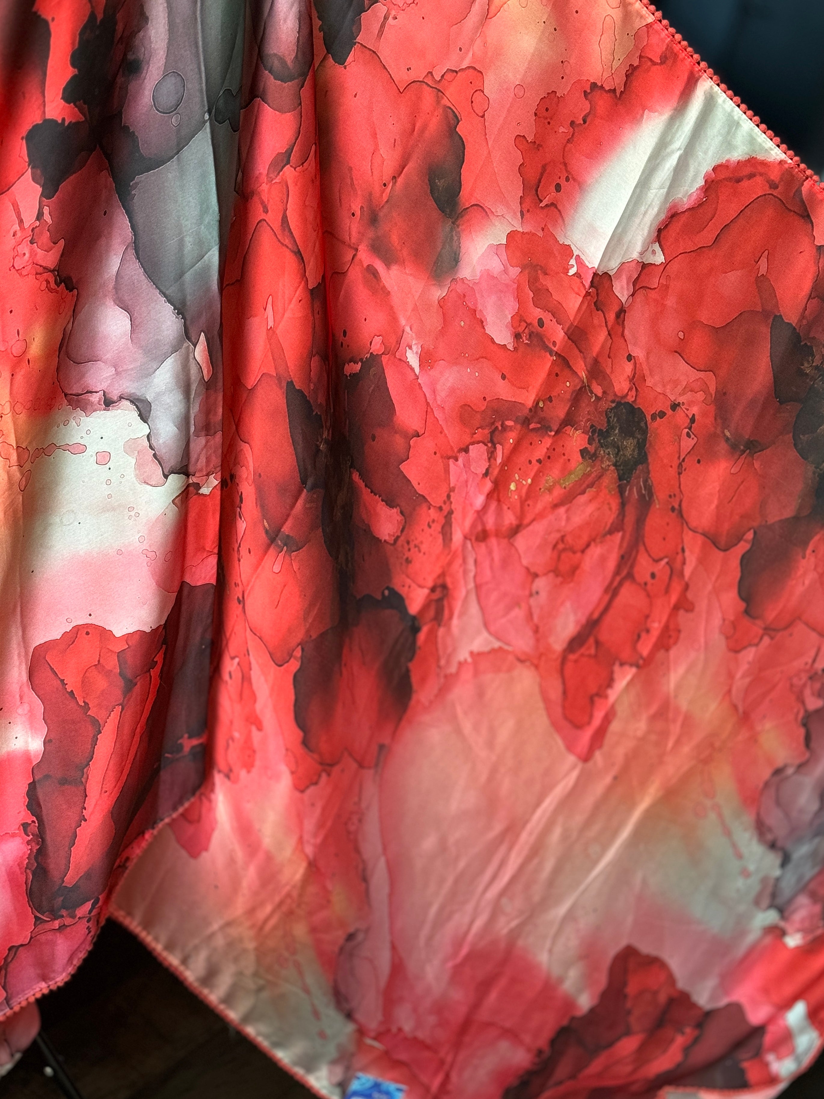 Designer Satin Silk - Red Black Marble Print