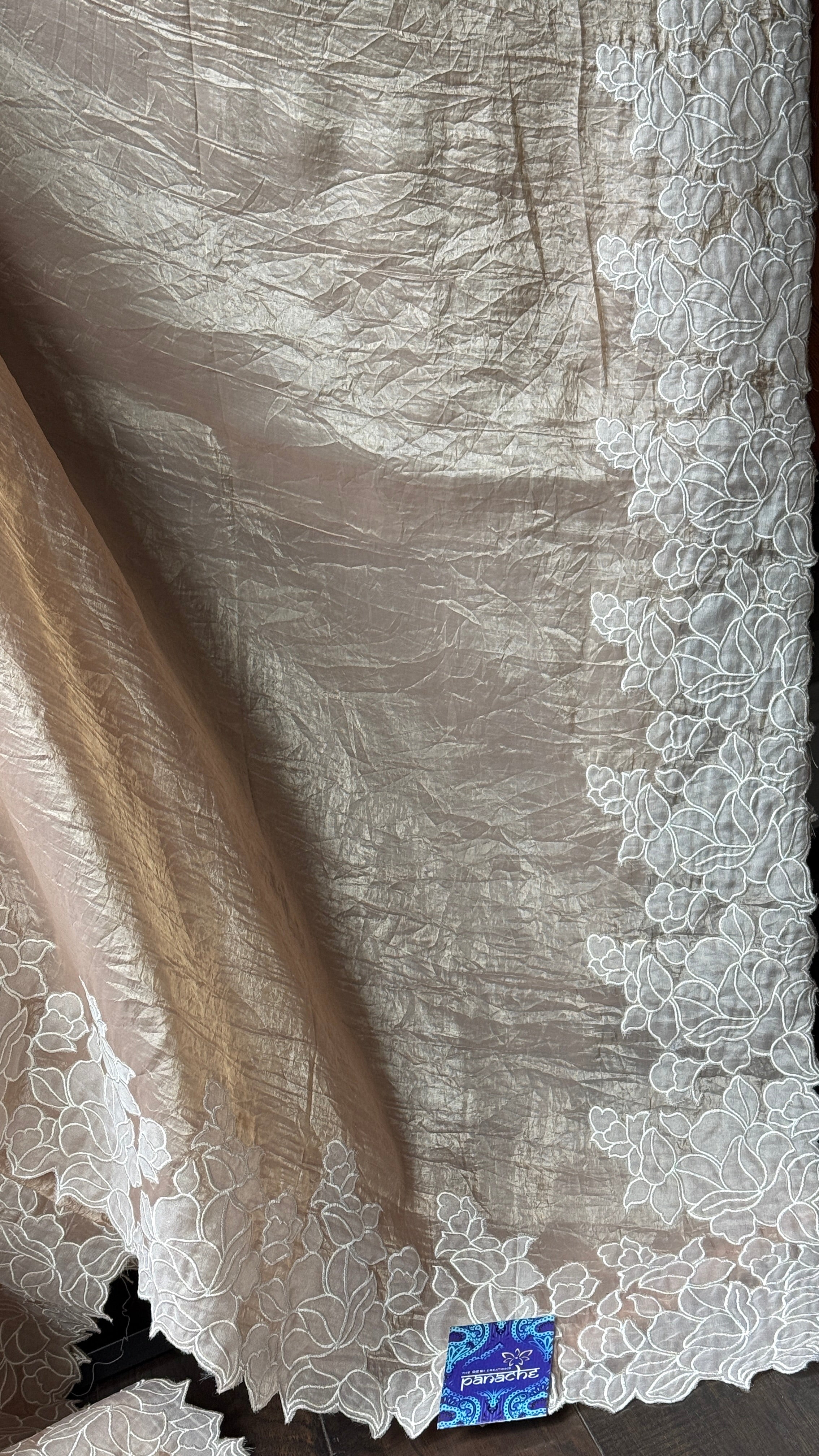 Designer Crushed Tissue Silk - Light Brown Appliqué Embroidered
