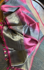 Tussar Silk Banarasi Shaded - Grey Raspberry Pink Antique Golden Zari