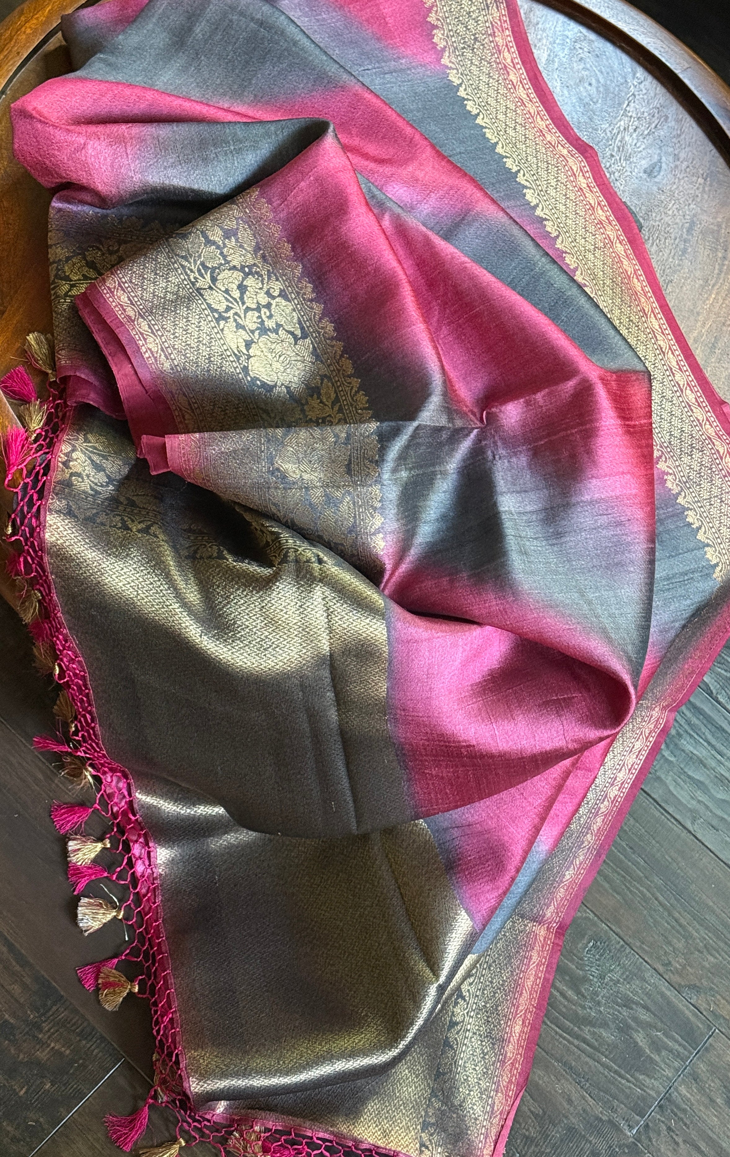 Tussar Silk Banarasi Shaded - Grey Raspberry Pink Antique Golden Zari