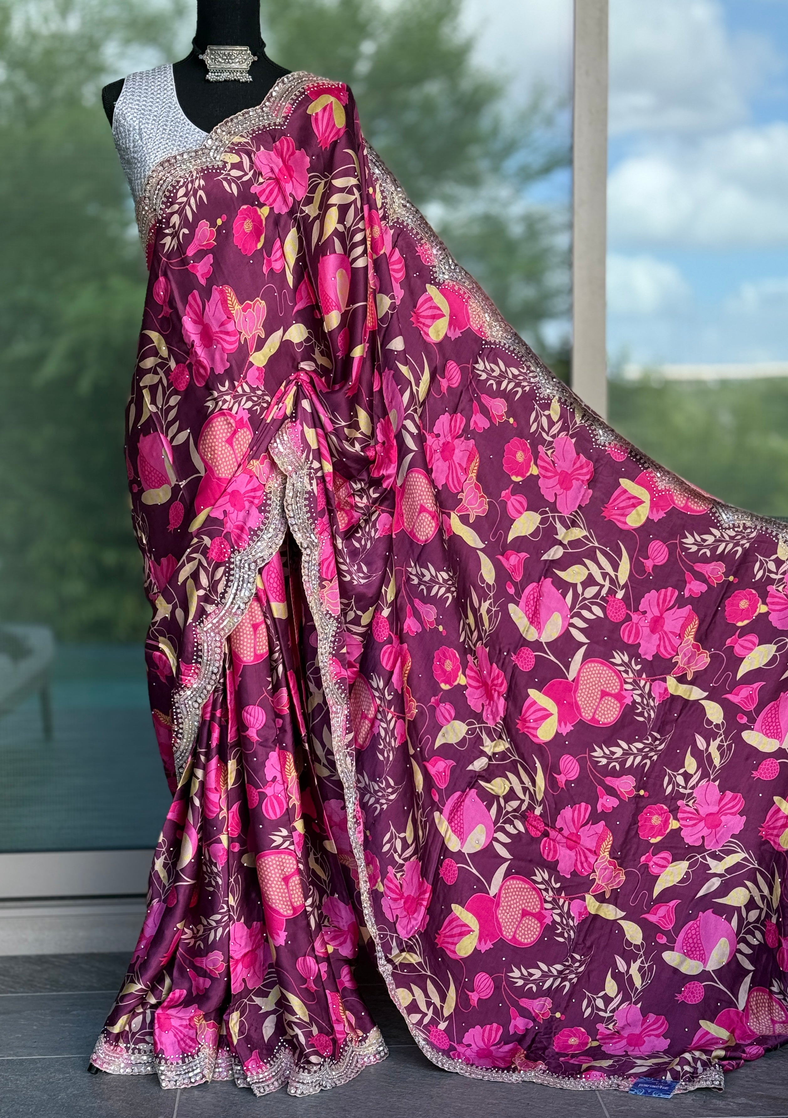 Designer Crepe Satin - Wine Maroon Multi Color