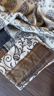 Chinori Silk Kalamkari  - Dusty White Blue