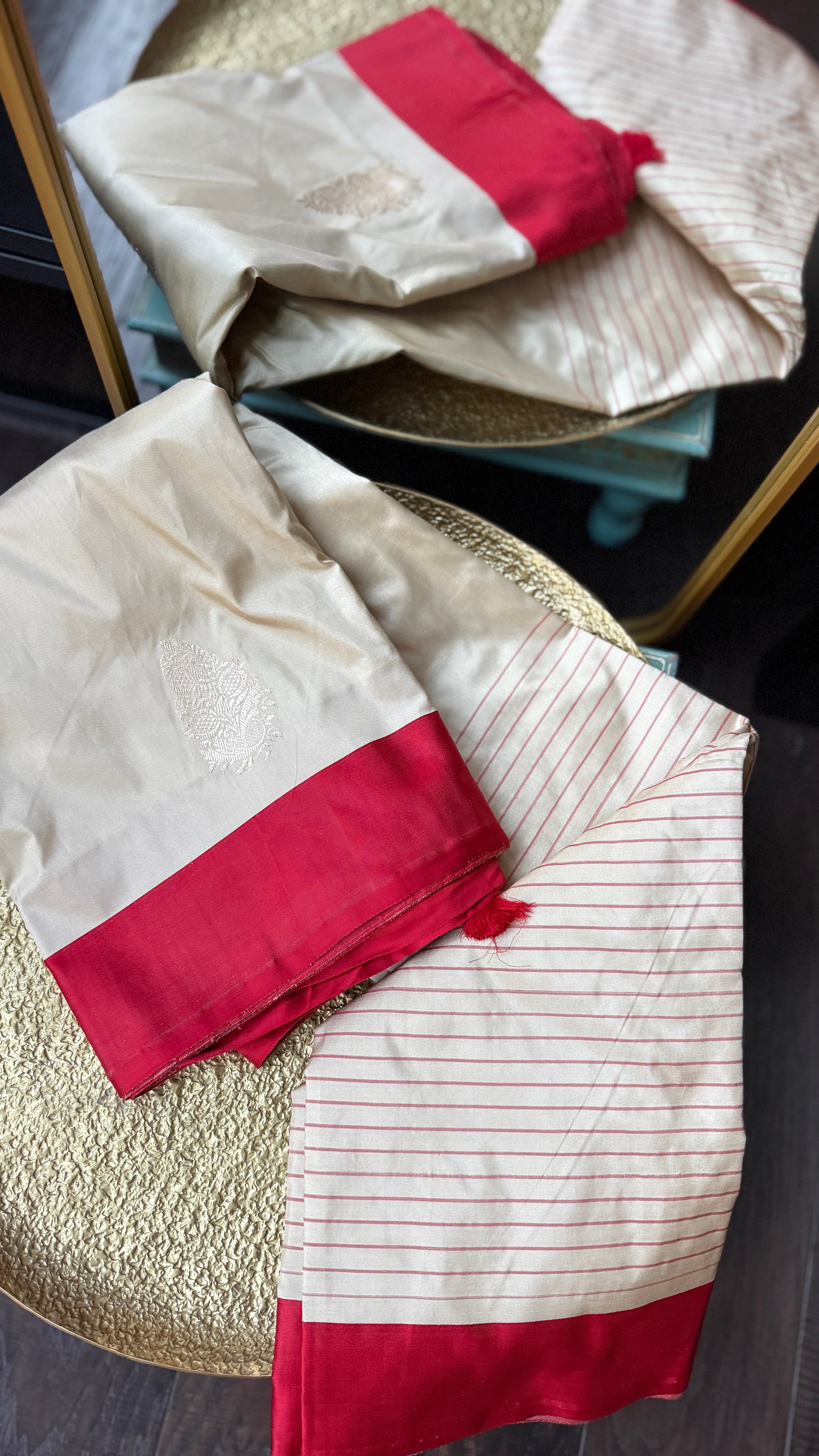 Pure Silk Katan Banarasi- Beige Tan Red Kadhua